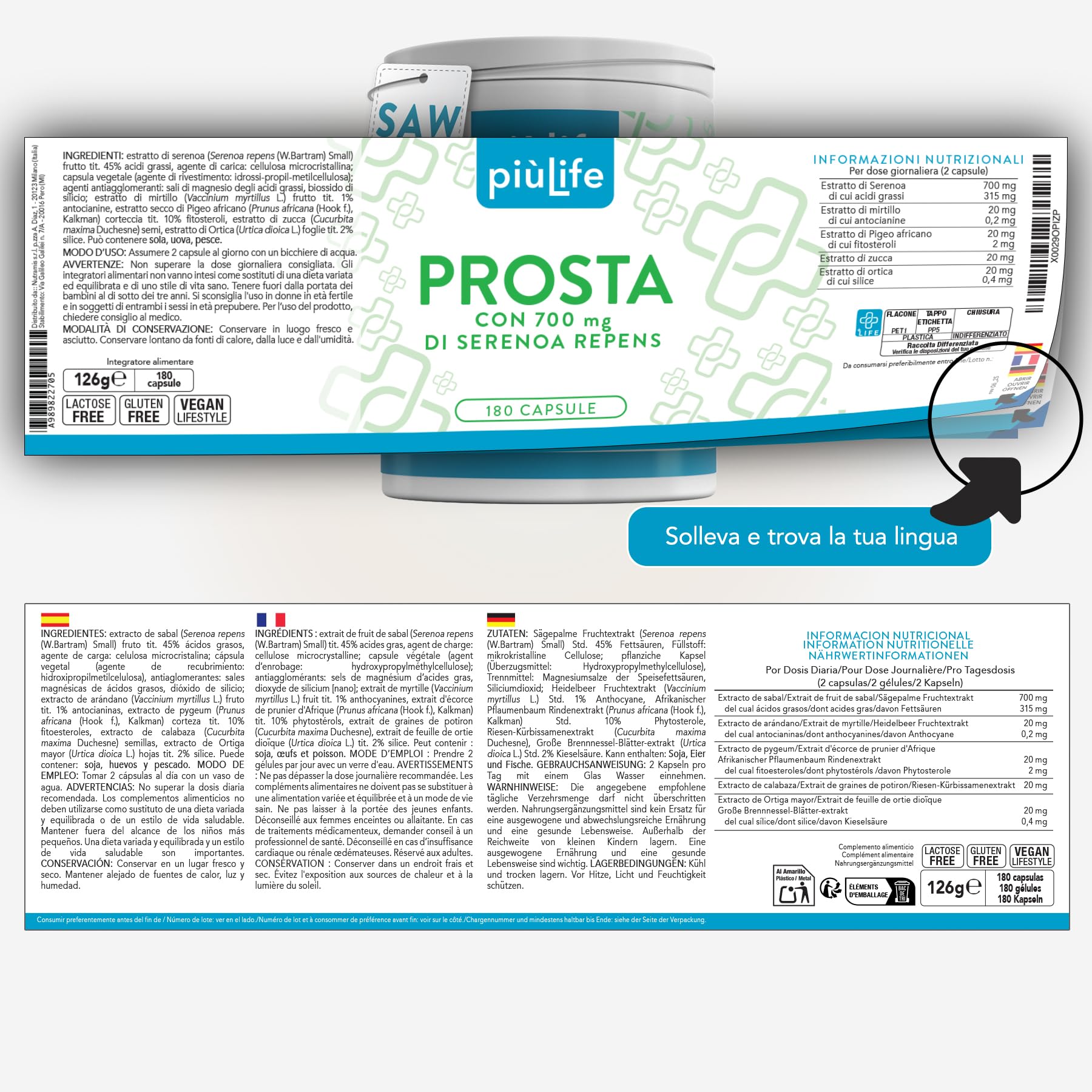 Serenoa Repens Prostata Integratore 700mg PiùLife, 2 al giorno, Saw Palmetto con Pygeum Africanum, Zucca e Ortica, Benessere Delle Vie Urinarie Uomo, Estratto Di Mirtillo Antiossidante, 180 Capsule