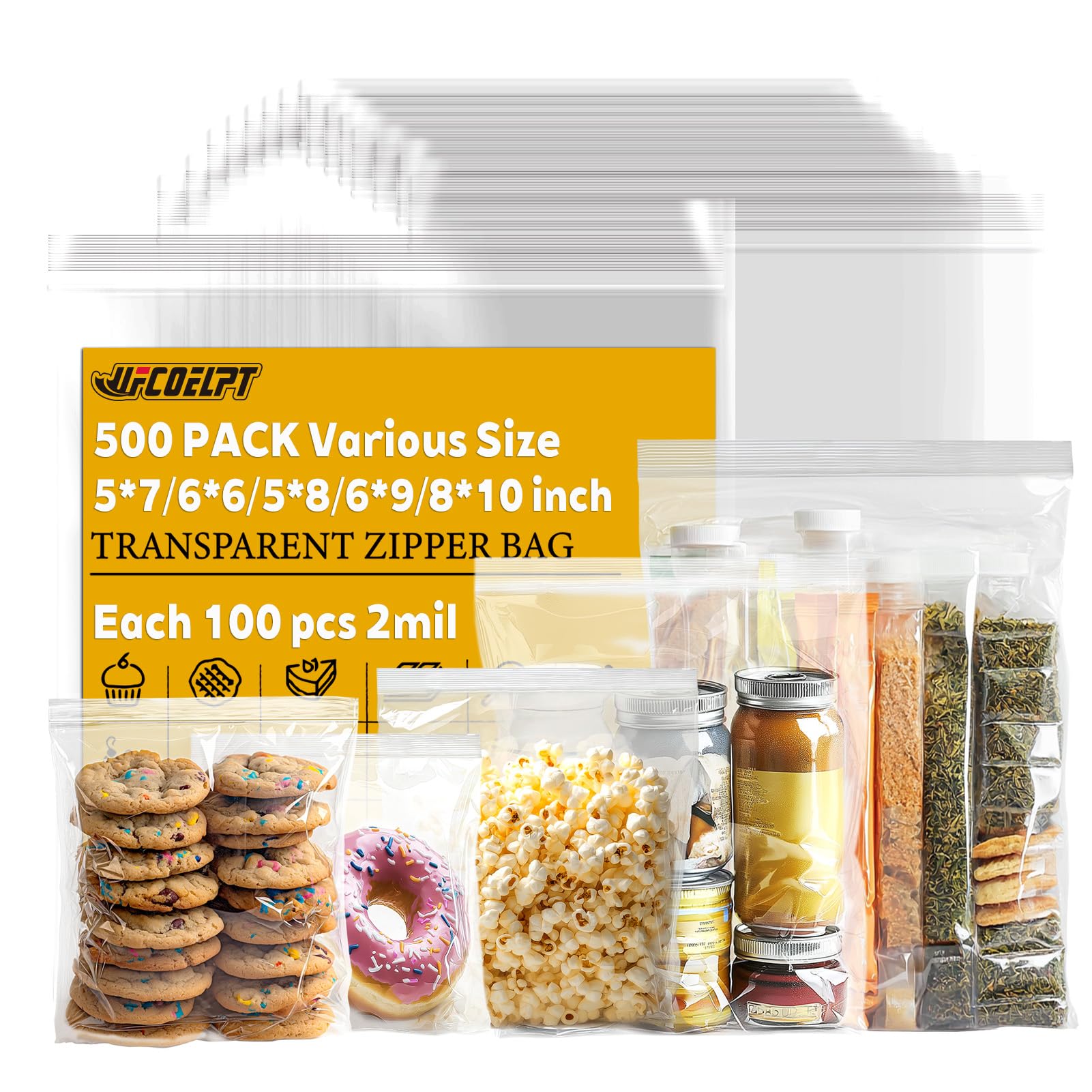 Clear Resealable Zip Bags, 5 Sizes, 500 Count, 2 Mil