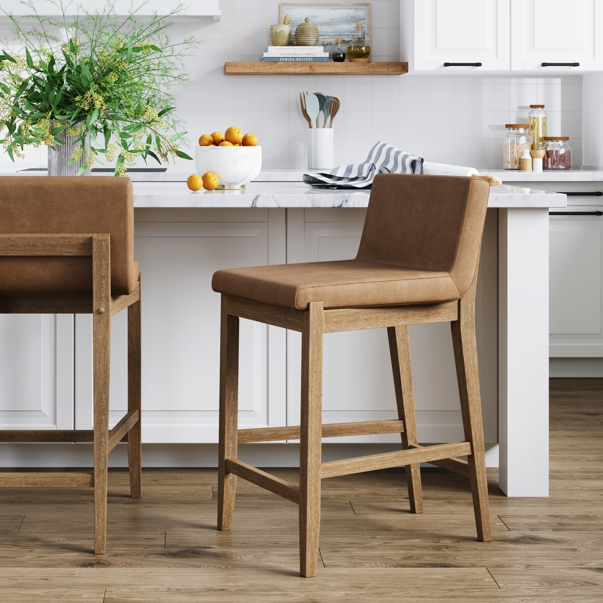Gracie Modern Counter Height Bar Stool with Back, Counter Stool Upholstered Chair with PU Leather and Brushed Wooden Legs, Light Brown