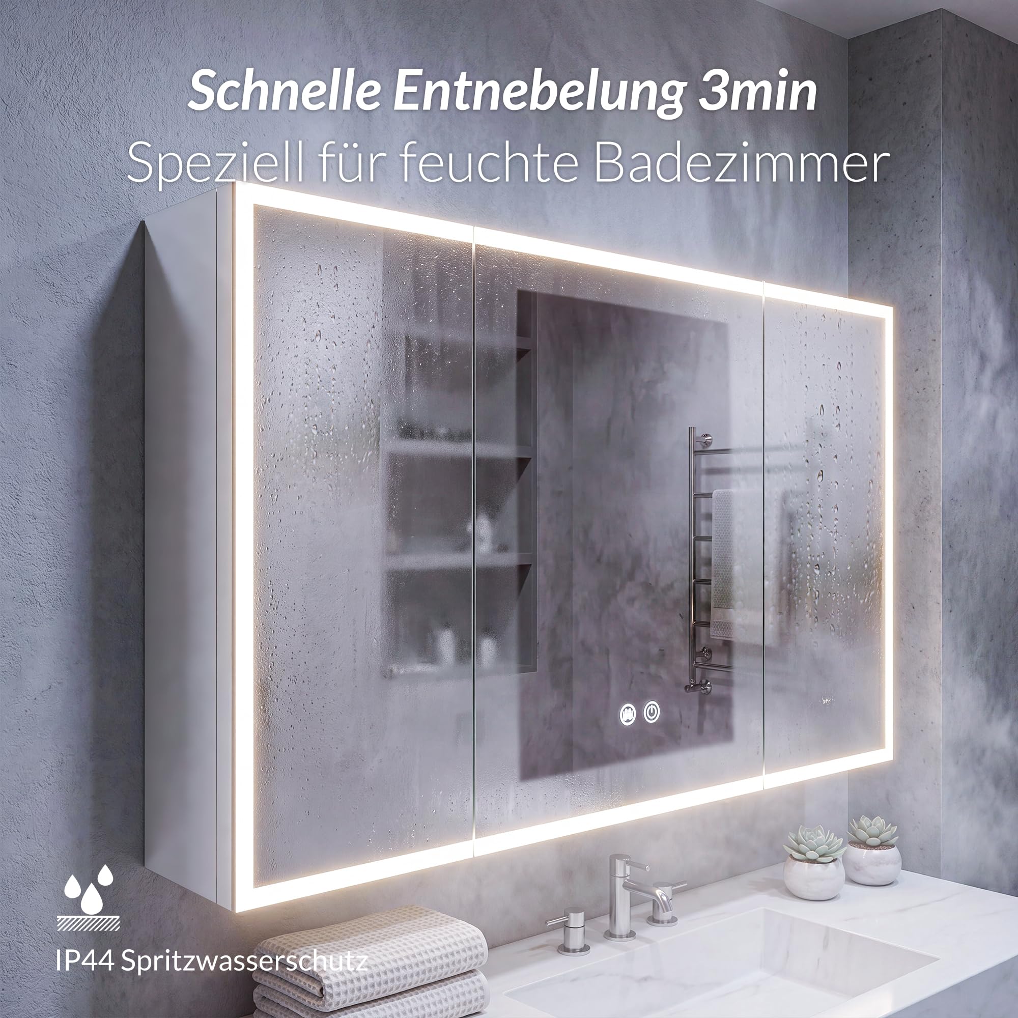 Spiegelschrank Bad mit Beleuchtung – 3 Farbtemperaturen dimmbar & verstellbare Böden, komplett vormontiert mit Steckdose (EU), Type-C & USB, Antibeschlag & IP44 – 95x60x14cm Weiß