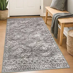KILOCOCO Boho Entryway Rug 3x5 Area Rug Washable Non Slip Throw Rugs Soft for Kitchen Living Room Dining Bedroom Geometric Moroccan Carpet, Taupe