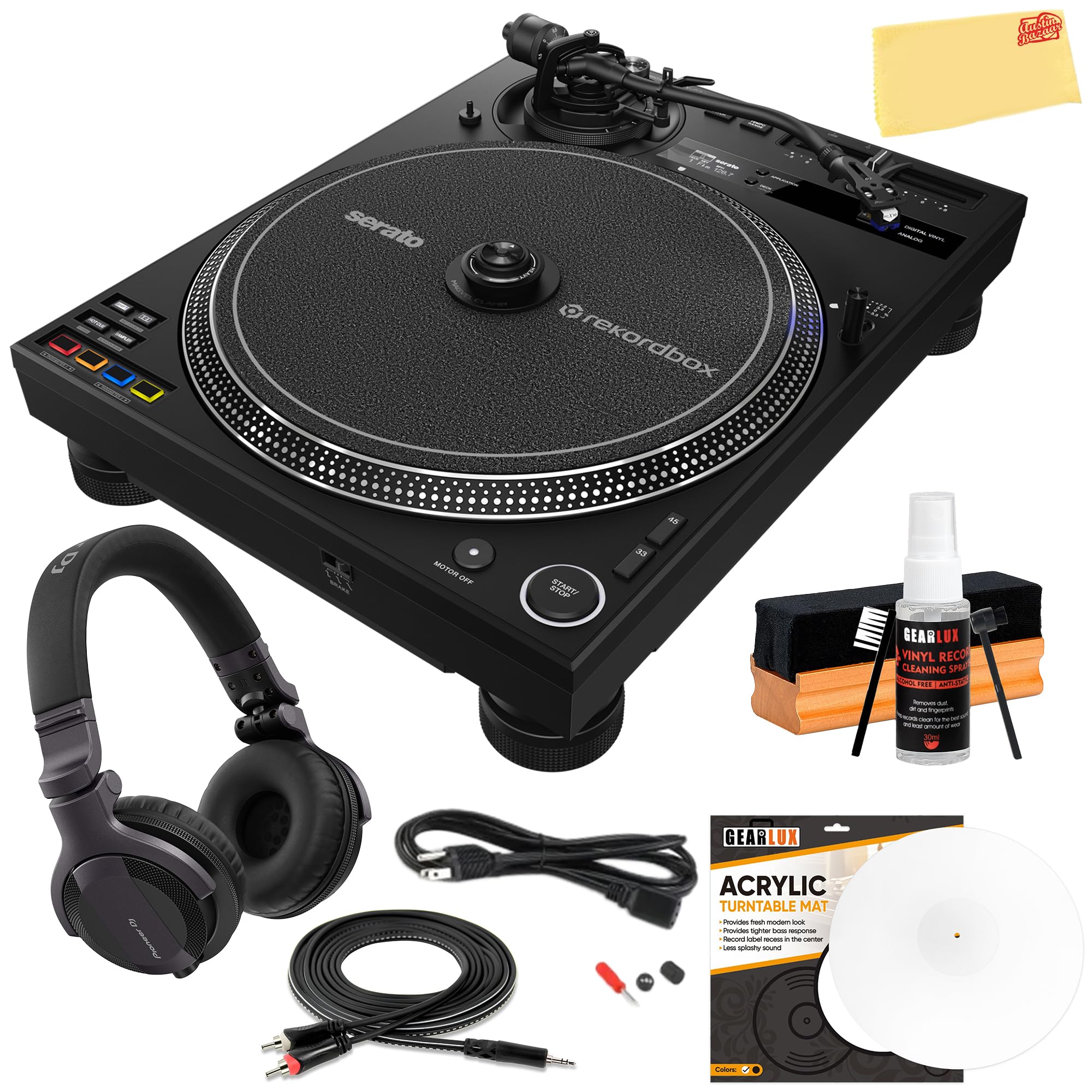 Pioneer PLX-CRSS12 Professional Direct Drive Turntable with DVS Control - Black Bundle with Headphones, TRS-to-RCA Breakout Cable, Slipmat, Cleaning Kit, and Austin Bazaar Polishing Cloth
