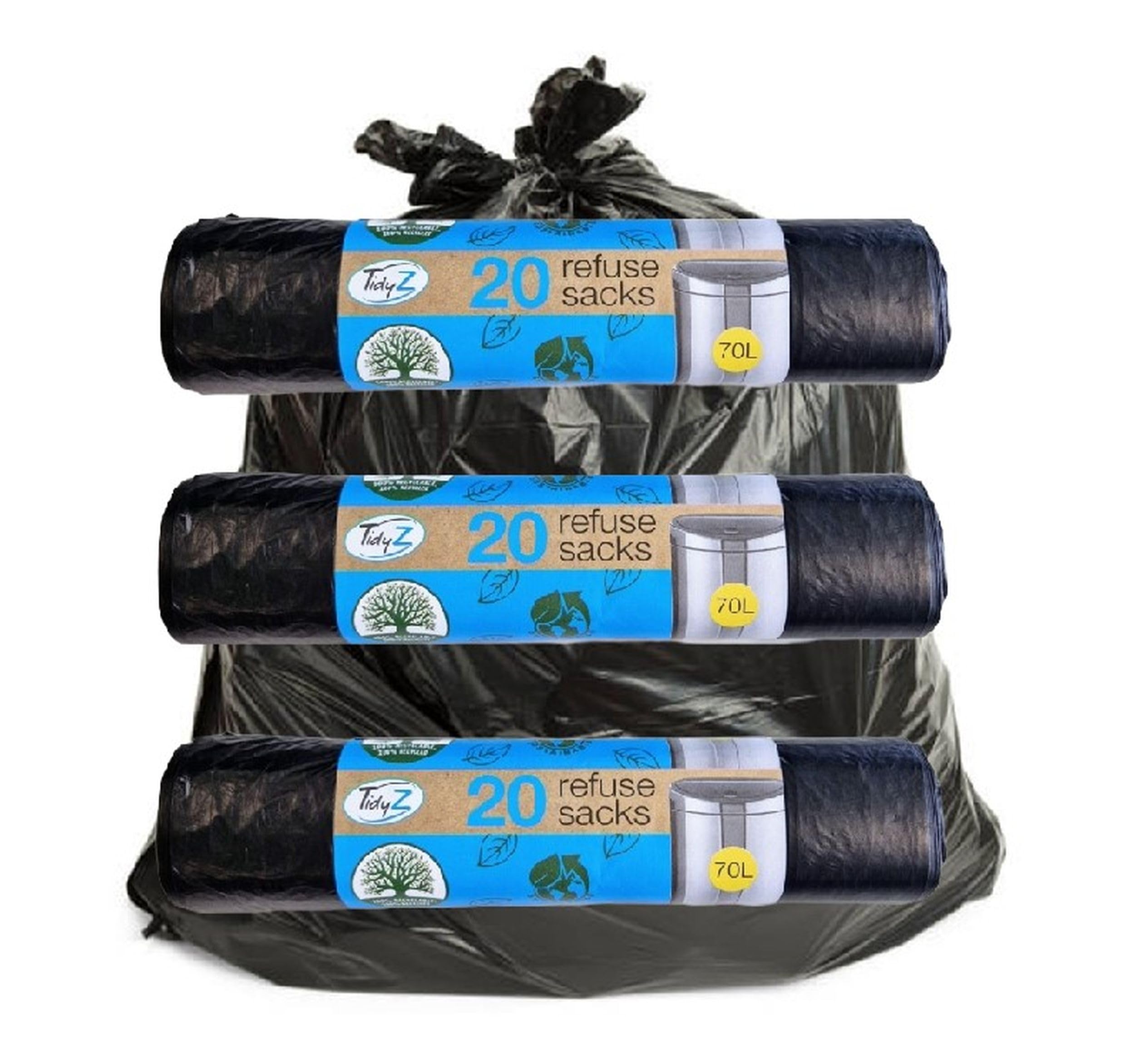 60 Recyclable Black Bin Bags Standard Flat Top Refuse Sacks 70L Rubbish Waste Bin Liner