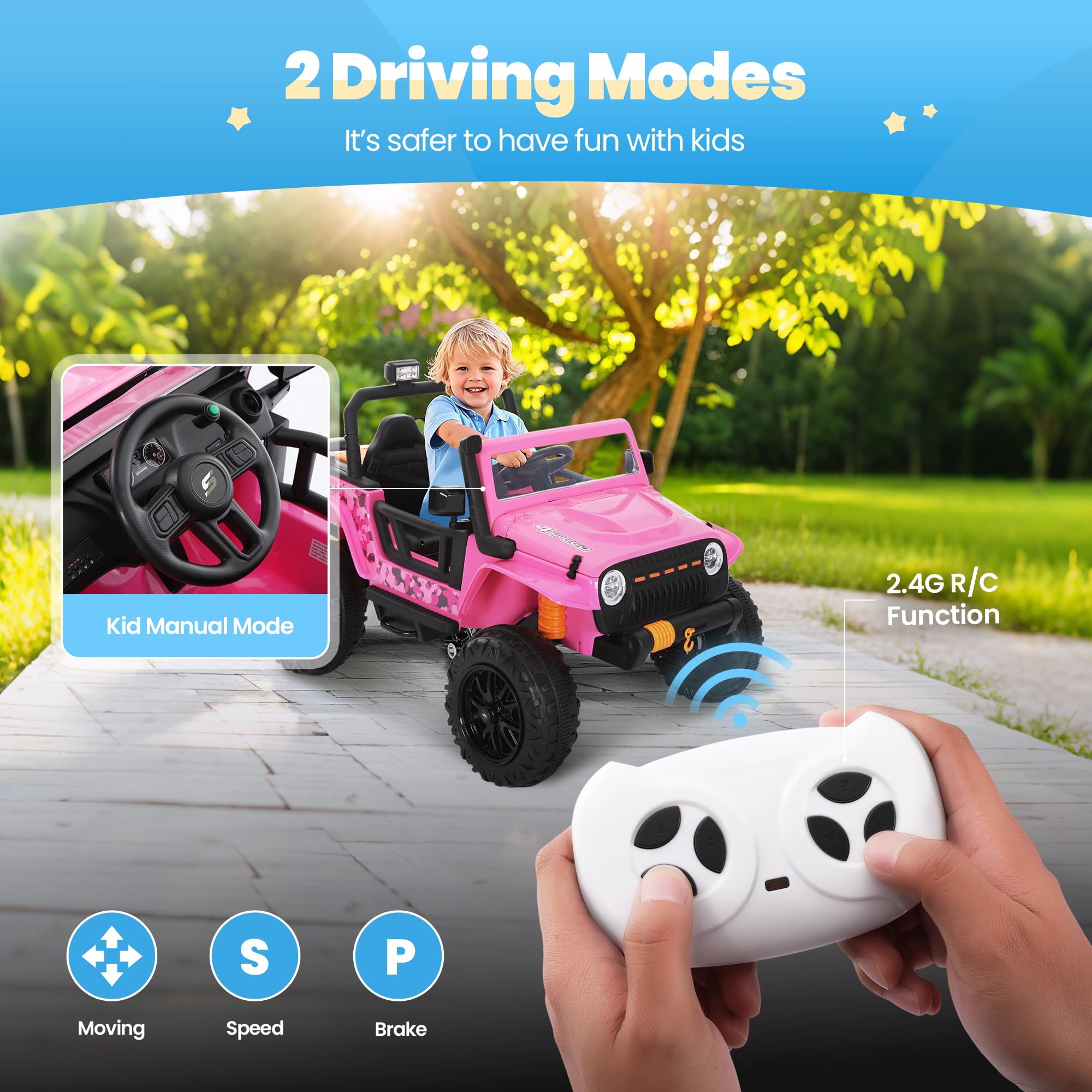 Alphakids Toddler Ride On Truck Electric Car Kids Ride On Truck Car Ride on Toys for Kids Ages 3+ Large Battery Powerful Jeep with Remote Control 2 Speeds LED Light Horn Music Toddlers(Pink)