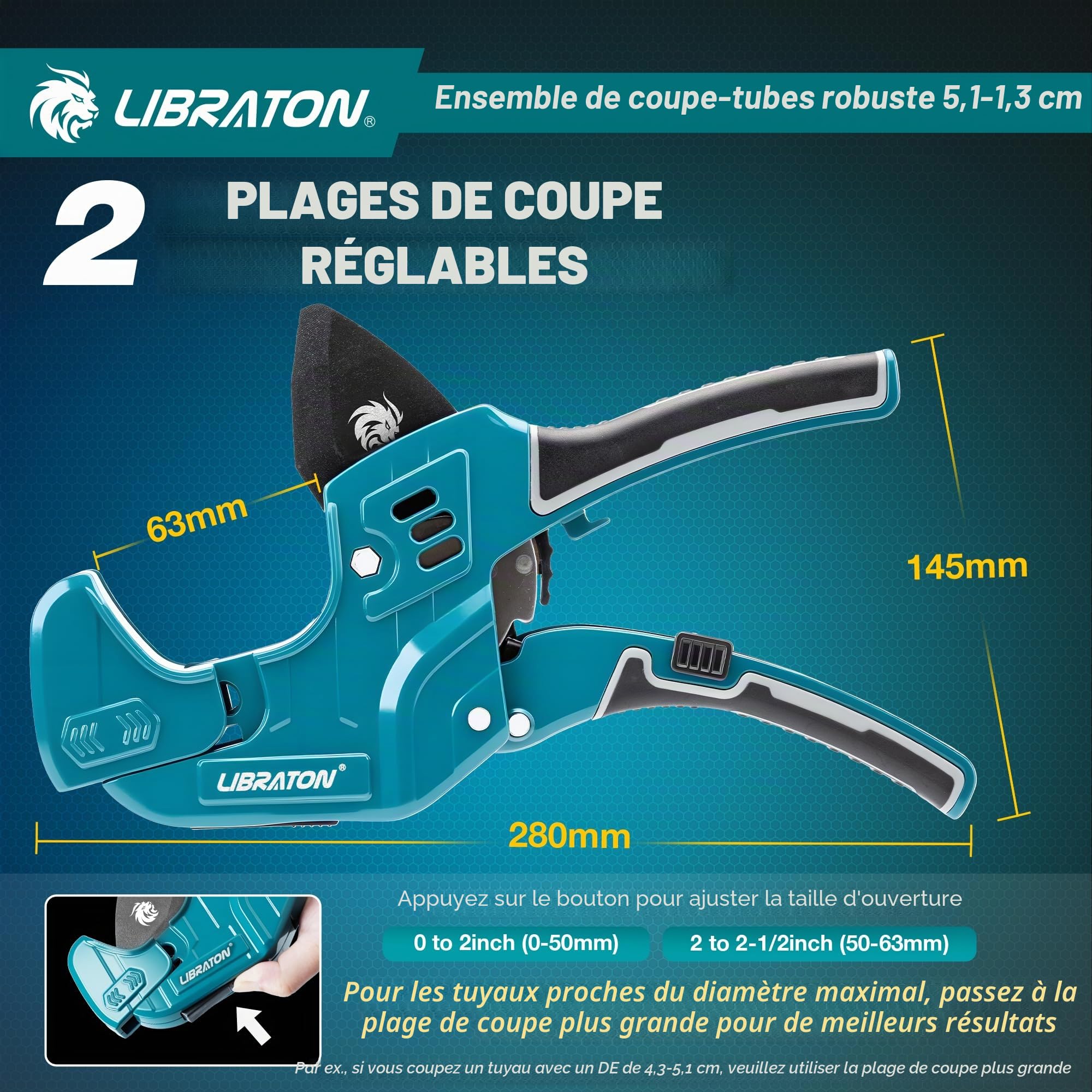 Libraton Coupe-tube PVC, 63mm Coupe-tube Plastique, Coupe-tube à Cliquet avec Lame Interchangeable & Outil D'ébavurage, pour Tubes PEX, PVC, PPR, Flexibles et Tuyaux de Plomberie