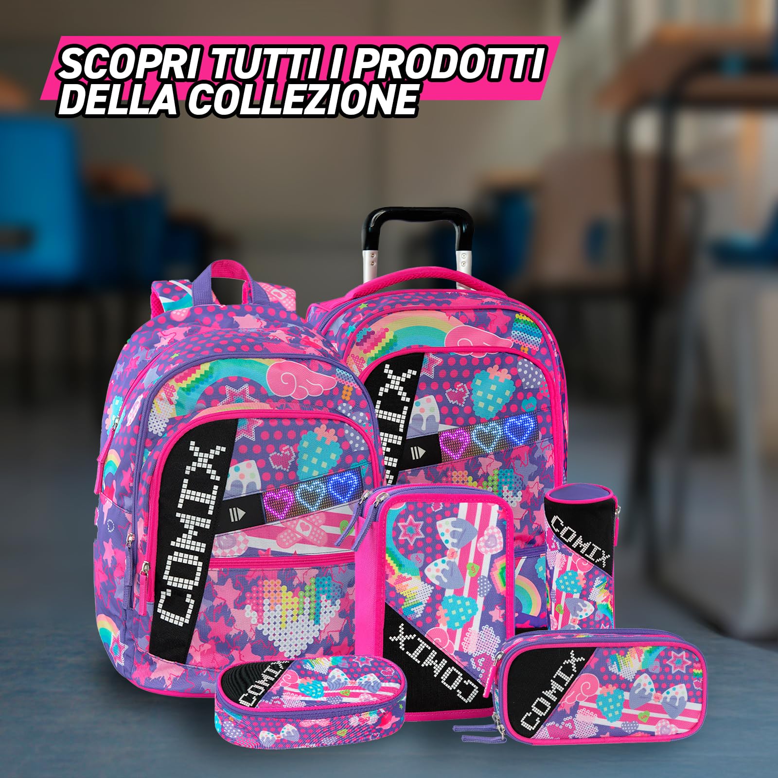 COMIX Ultra Bright - Zaino Scuola Pannello Scrittura Led Personalizzabile, 3 Ampi Scomparti, Tasca Frontale, Schienale e Fondo Termoformati, Spallacci Imbottiti e Regolabili, 32x43Hx23 cm, 31 L