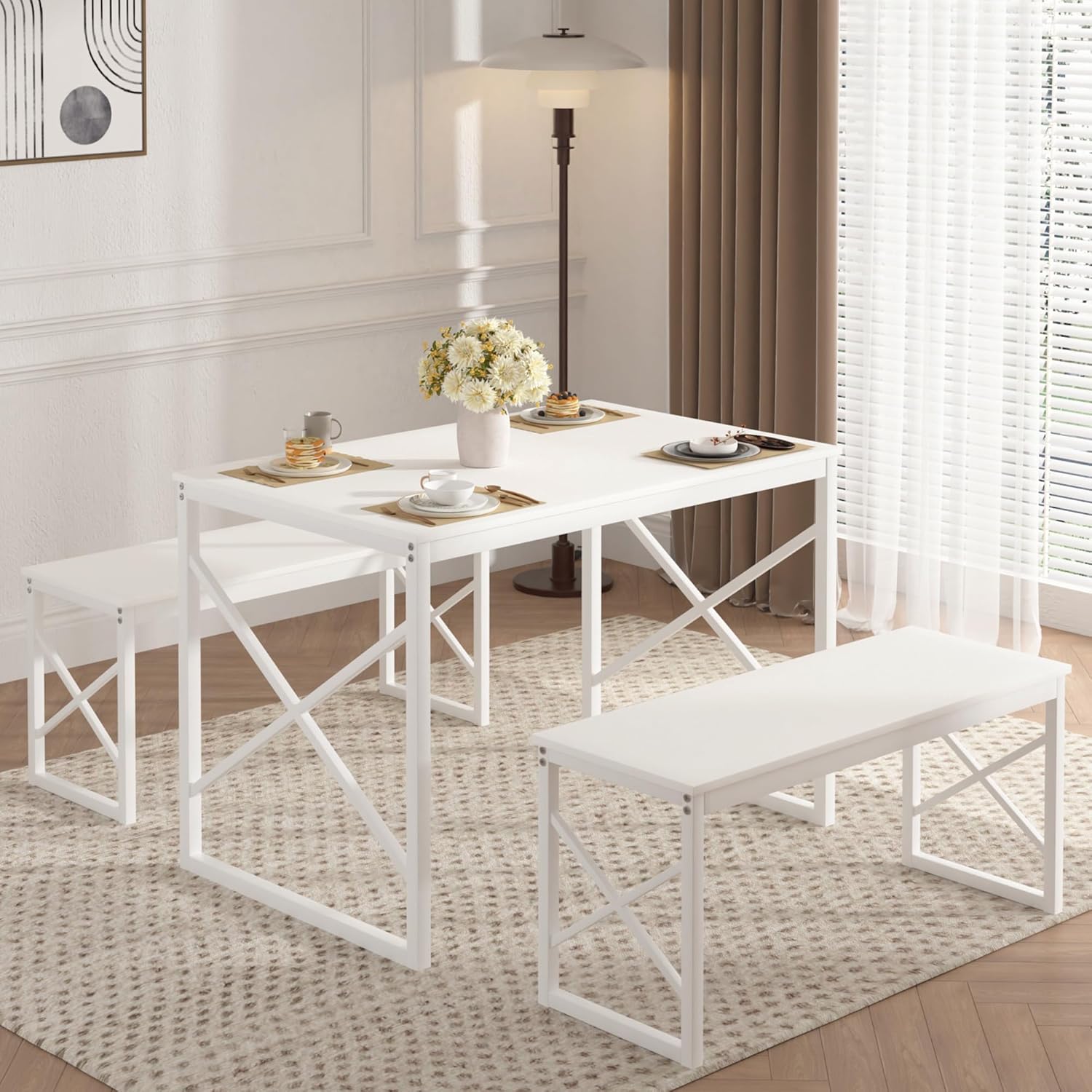VECELO Kitchen Table with 2 Benches for 4, 43.3'' Wood Dining Room Dinette Sets with Metal Frame for Breakfast Nook and Small Space, White White 43.3"
