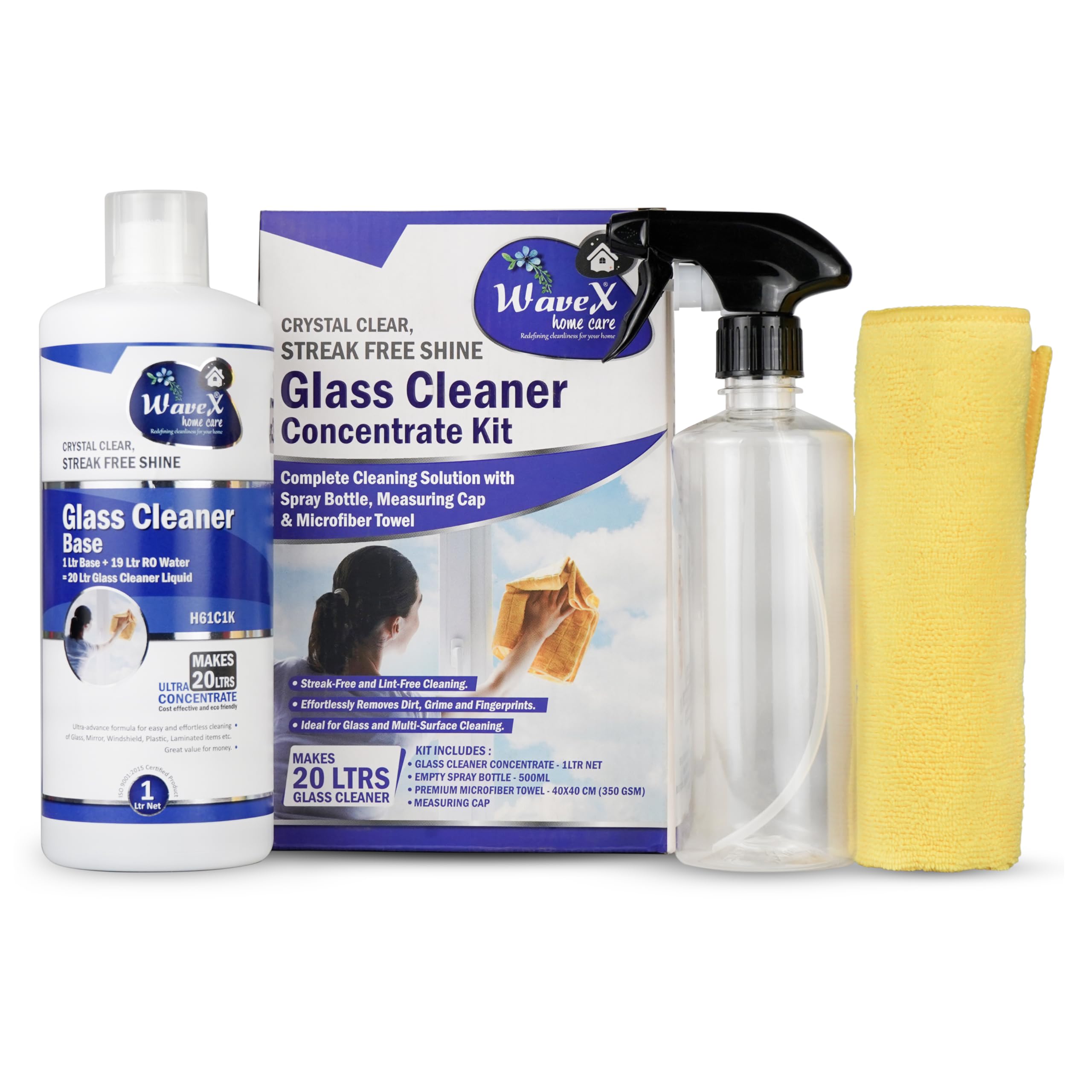Wavex Glass Cleaner Concentrate (1ltr) Makes 20 Ltrs Glass Cleaner Liquid Includes Microfiber Cloth 350 GSM, Empty Spray Bottle Dispenser and Measuring Cap