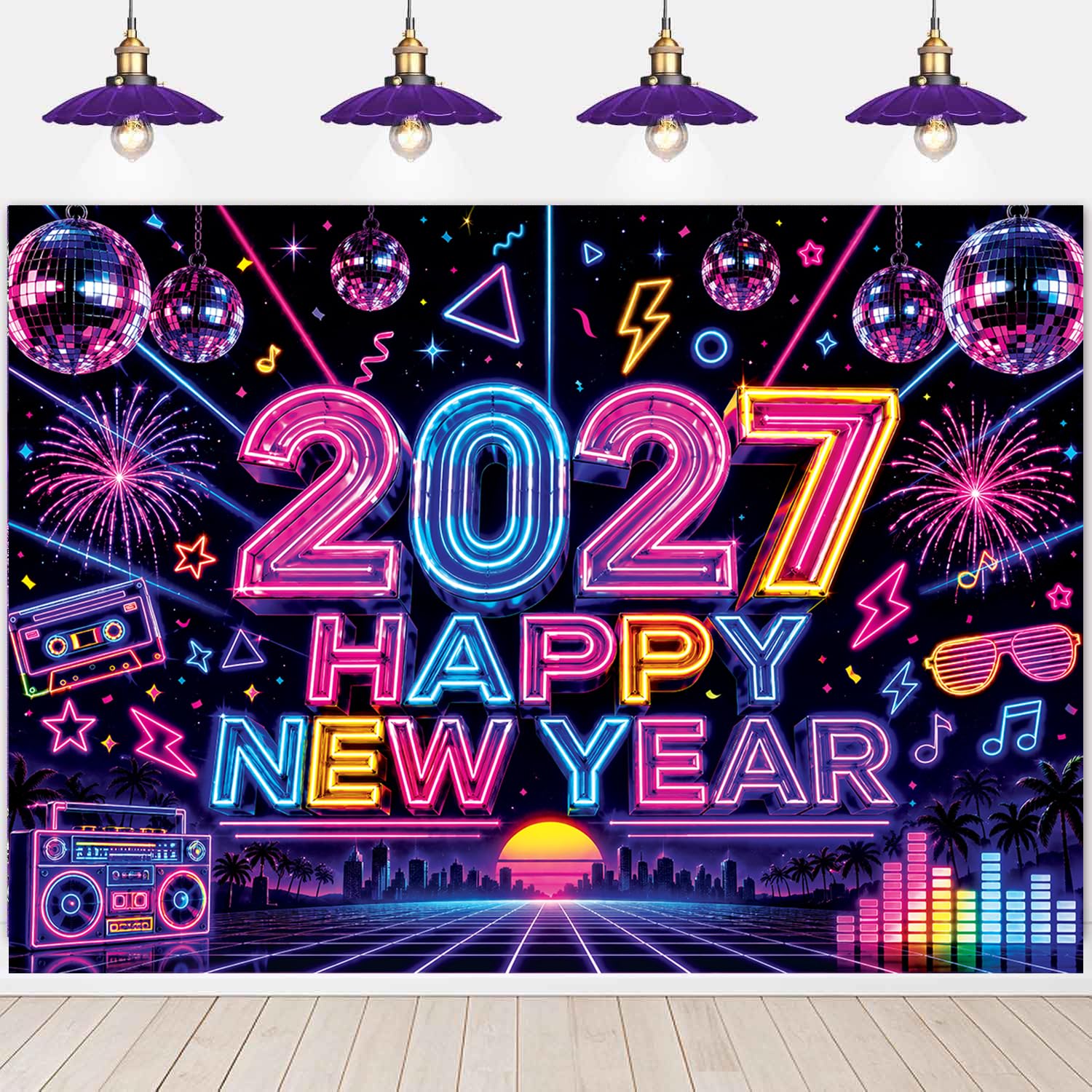 Neon 2027 Felice Anno Nuovo Fondale 20 x 1,8 m Retro 80s 90s Disco Ball NYE sfondo