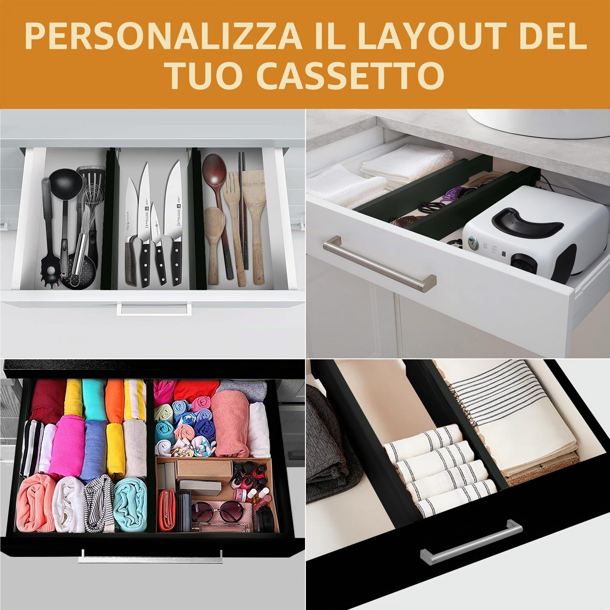 Confezione da 4 divisori per cassetti in bambù, altezza 6,6 cm, regolabili da 40,6 a 55,9 cm, per vestiti, separatori espandibili per comò in camera da letto, bagno, cucina, ufficio, organizzazione e
