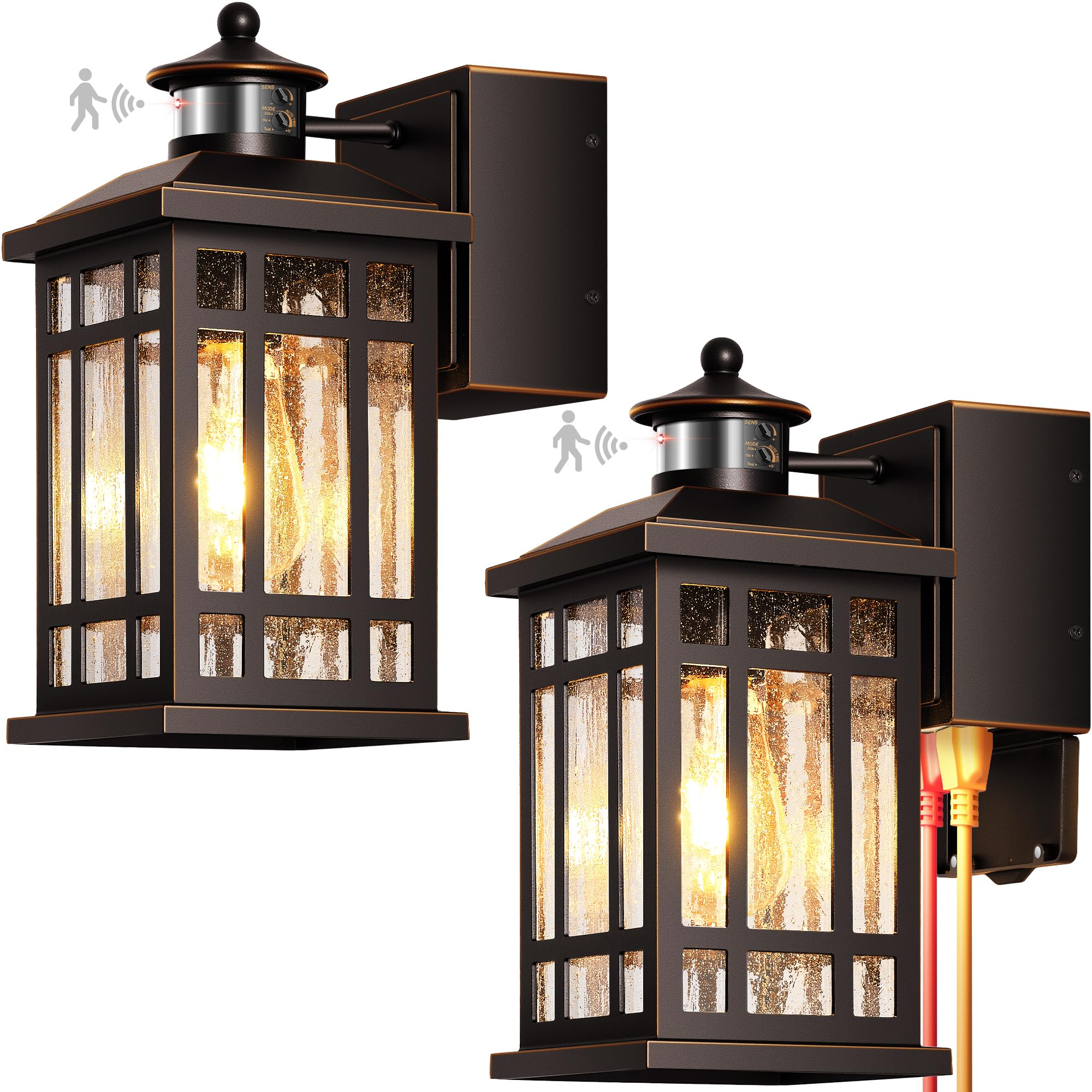 Oil-Rubbed Bronze Outdoor Motion Sensor Light with GFCI Outlet, 2-Pack Porch Lights Outdoor with Gold Trim, Dusk to Dawn lighting Wall Mount with Bubble Glass, Outside Sconces for Garage, Patio