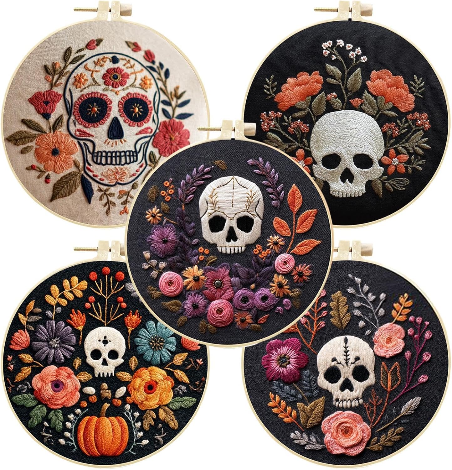 5pcs Dia De Muertos Embroidery Kit, Skull Crossstitch Kits with Tool and Instruction, Day of The Dead Embroidery Halloween Handmade Gift