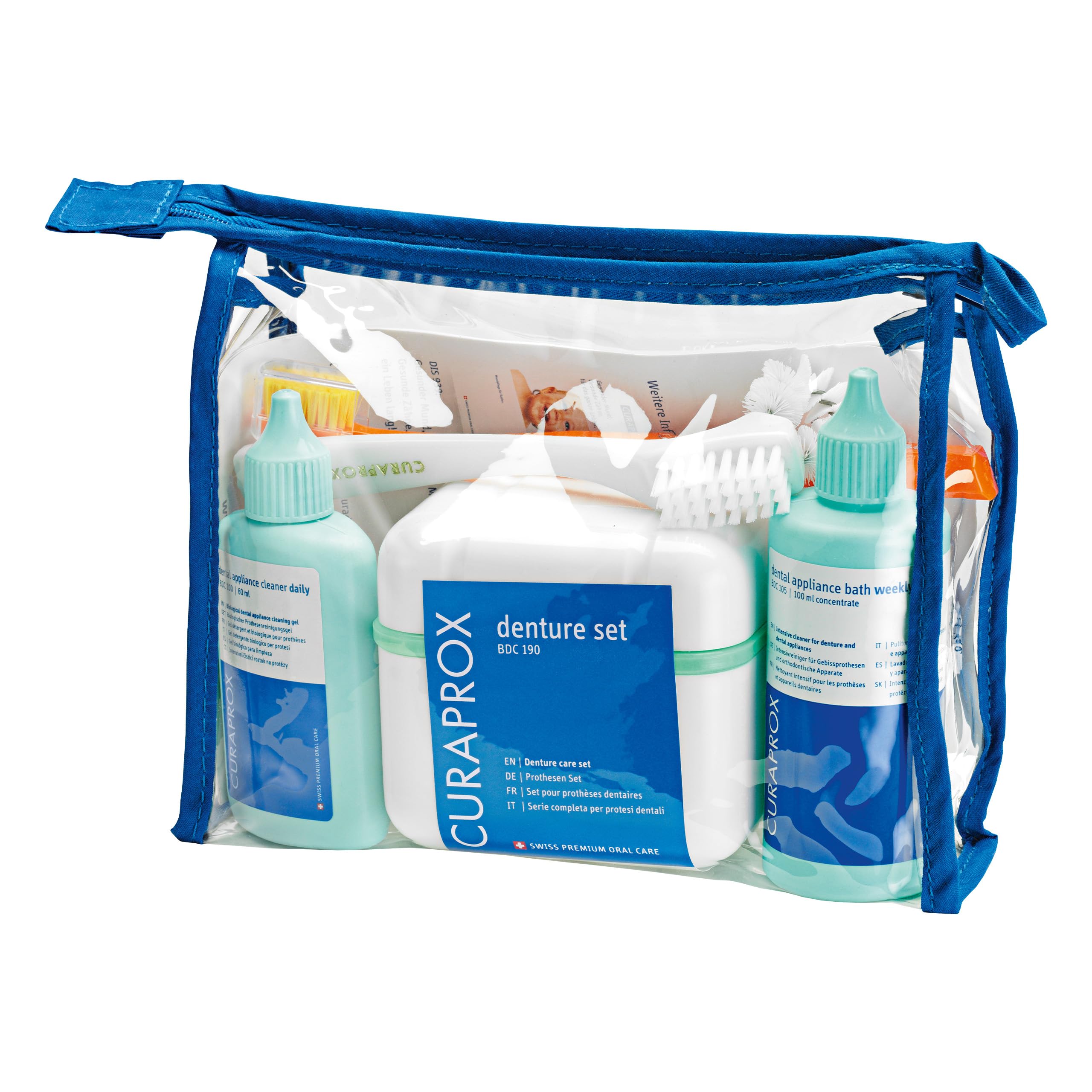 Curaprox BDC Juego de Limpieza Kit de Cuidado Completo para Dentaduras Postizas y Retenedores/Incluye Gel Diario, Concentrado Semanal, Cepillo y Caja de Limpieza/Hecho en Suiza