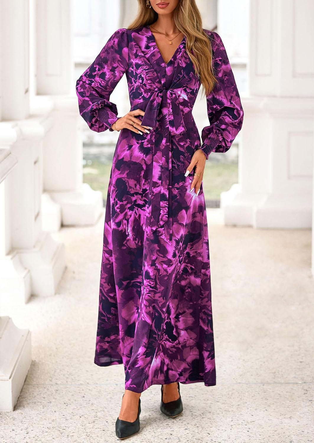 PRETTYGARDEN Women's 2026 Spring Wedding Guest Dresses Floral Long Sleeve V Neck Belted Long Flowy Boho Maxi Dress - Image 6