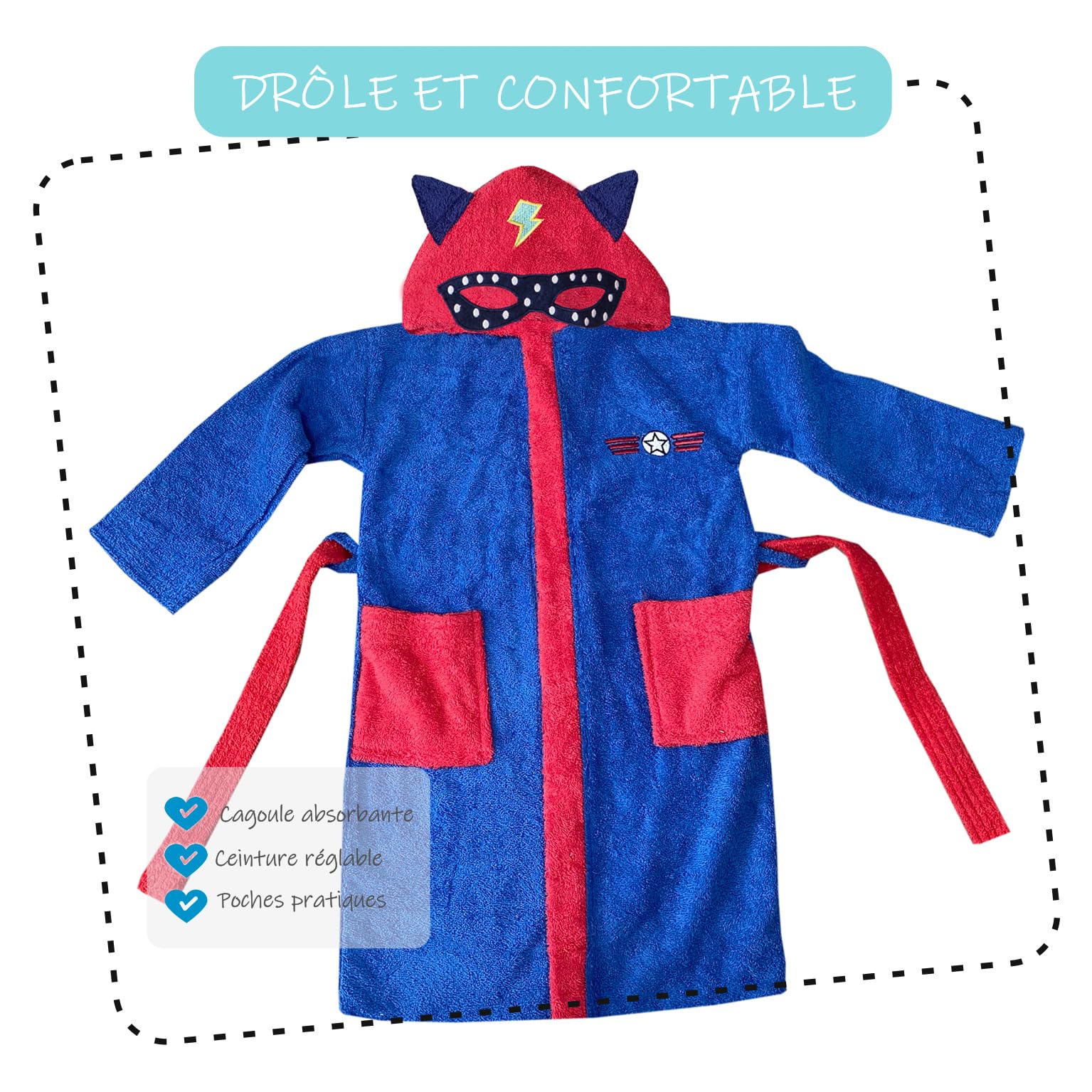 LEBENGOOD - Peignoir Enfants adolescents 100% Coton OEKO-TEX - 2 Poches, Ceinture, Capuche, Peignoirs en peluche très doux avec broderies pour enfants