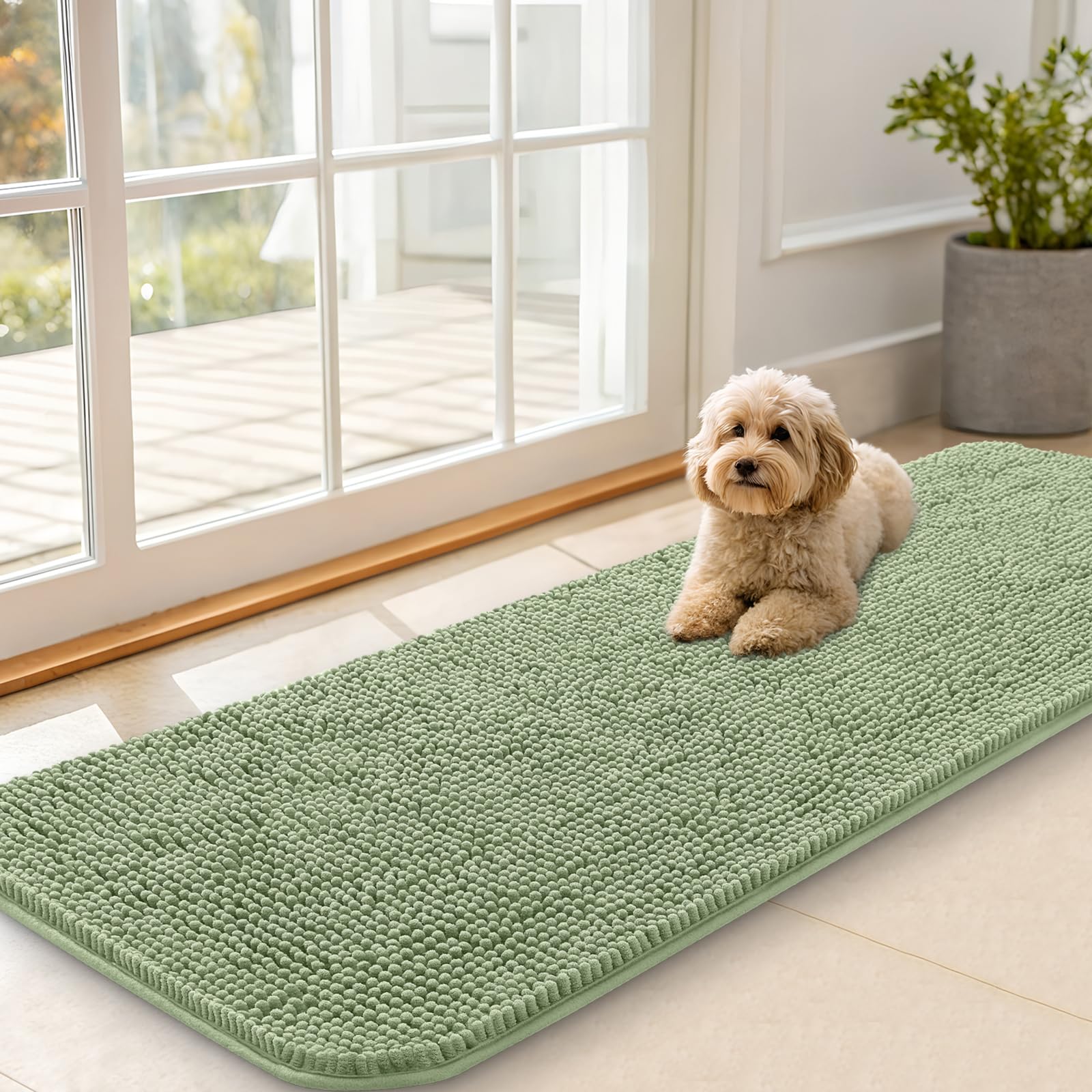 OLANLY Dog Door Mat for Muddy Paws 59x20, Absorbs Moisture and Dirt, Absorbent Non-Slip Washable Doormat, Quick Dry Chenille Mud Mat for Dogs, Entry Indoor Entryway Carpet for Inside Floor, Sage Green โ image 1
