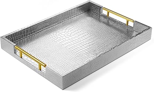 Bandeja de madera para servir de 17 x 12 pulgadas con asas de metal pulido dorado, rectangular de madera para decoración del hogar, bandeja de