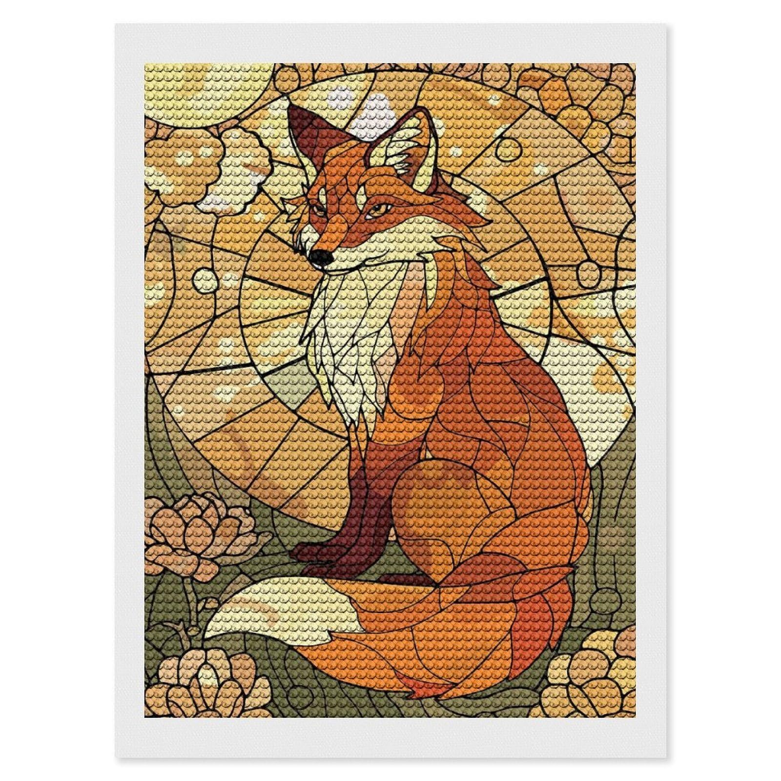 Junmoney Stained Glass Fox with Floral Background Diamond Painting Canvas Set 12"x16", with Tool Kit, Easy to Enjoy, Home Wall Decor, Thoughtful Handmade Gift