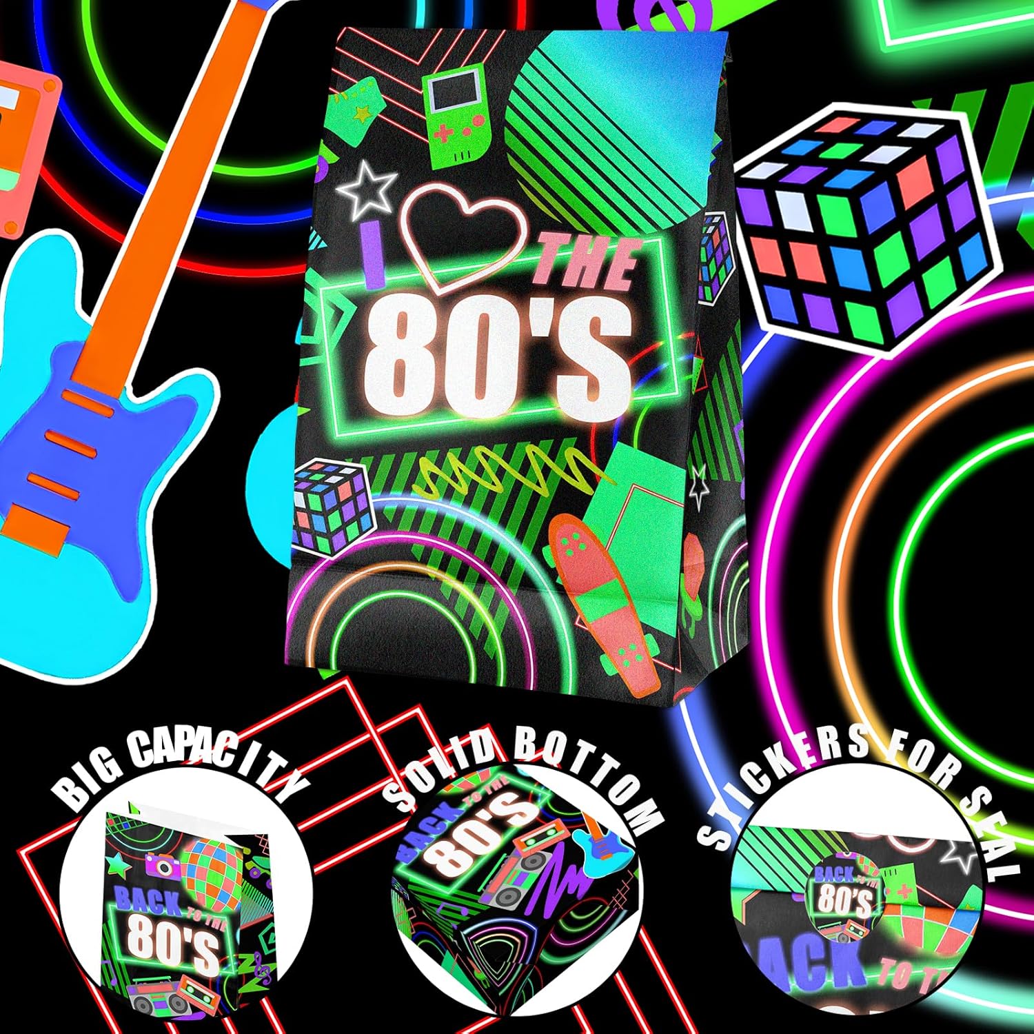 24 Pcs 80'S Goodie Bags with Stickers - 80'S Themed Birthday Party Favor Bags, Perfect for 80'S Party Supplies and Treat Bags - Image 3