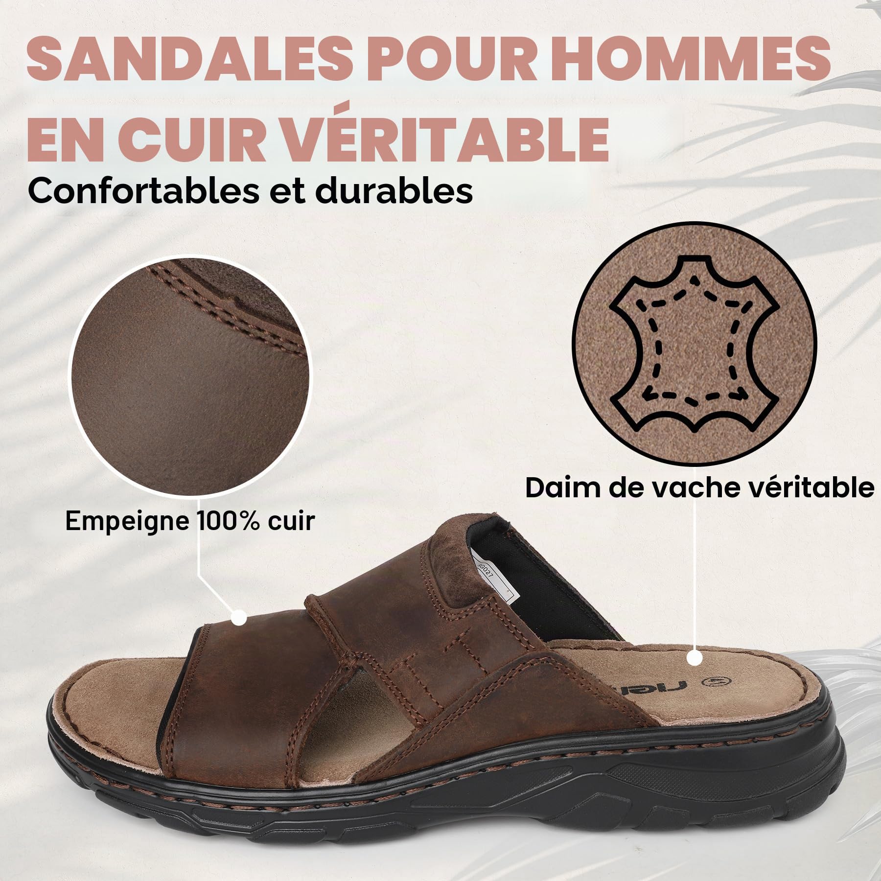 riemot Sandales Homme Cuir Mules Orteil Ouvert Antidérapantes Pantoufles Confortables Amorti Slides Pour Promenade Jardin Voyage Taille 41-47
