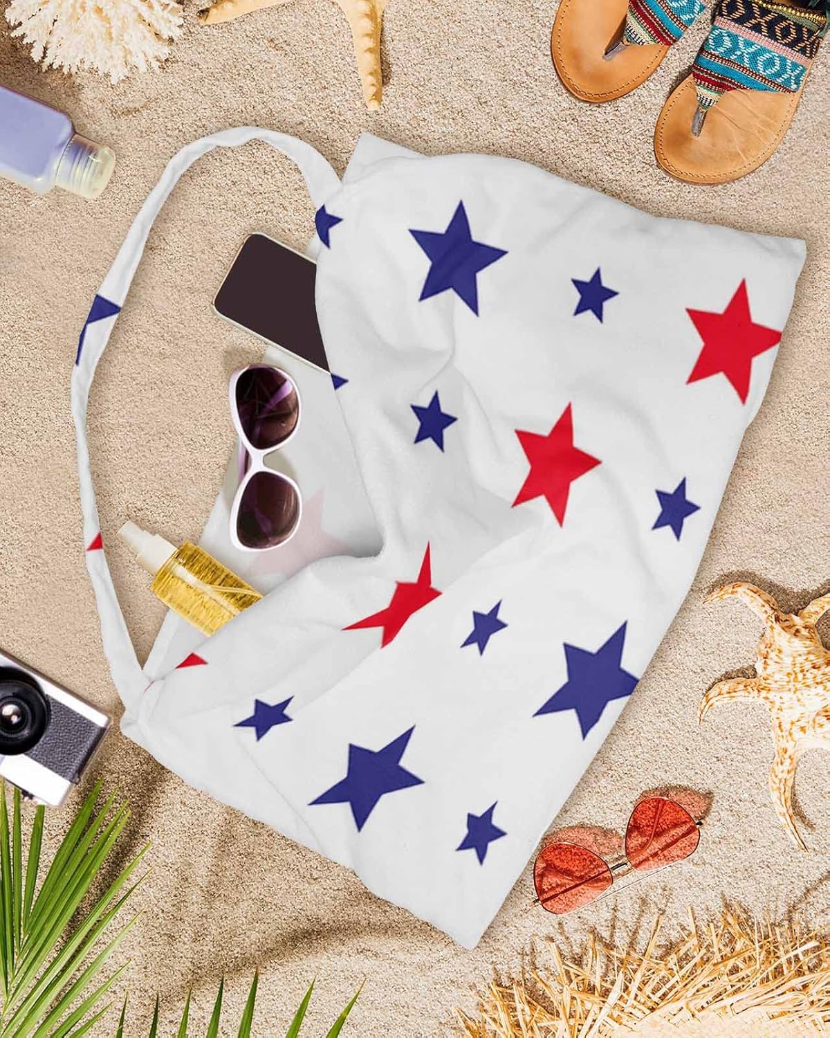 Independence Day Beach Pool Patio Lounge Chaise Chair Cover Towel With Pockets,Absorbent & Quick Dry Microfiber Towel Cover Bag Summer Accessories for Sunbathing Blue American Red Star Flag White