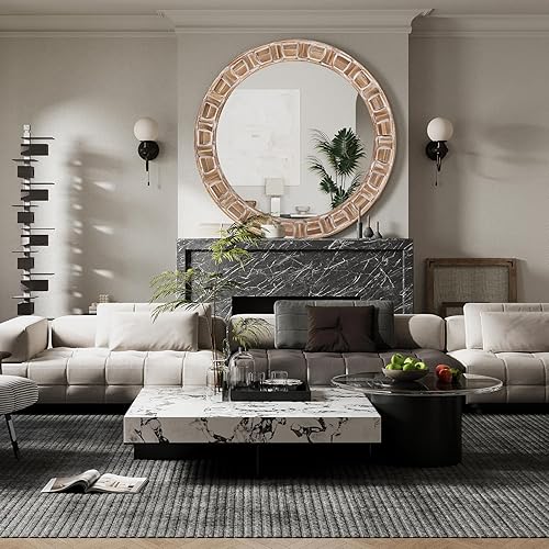 Miniatura 4 de Espejo redondo decorativo para baño, espejo colgante de 24 pulgadas, espejo circular con marco de madera para decoración de pared, espejo de pared