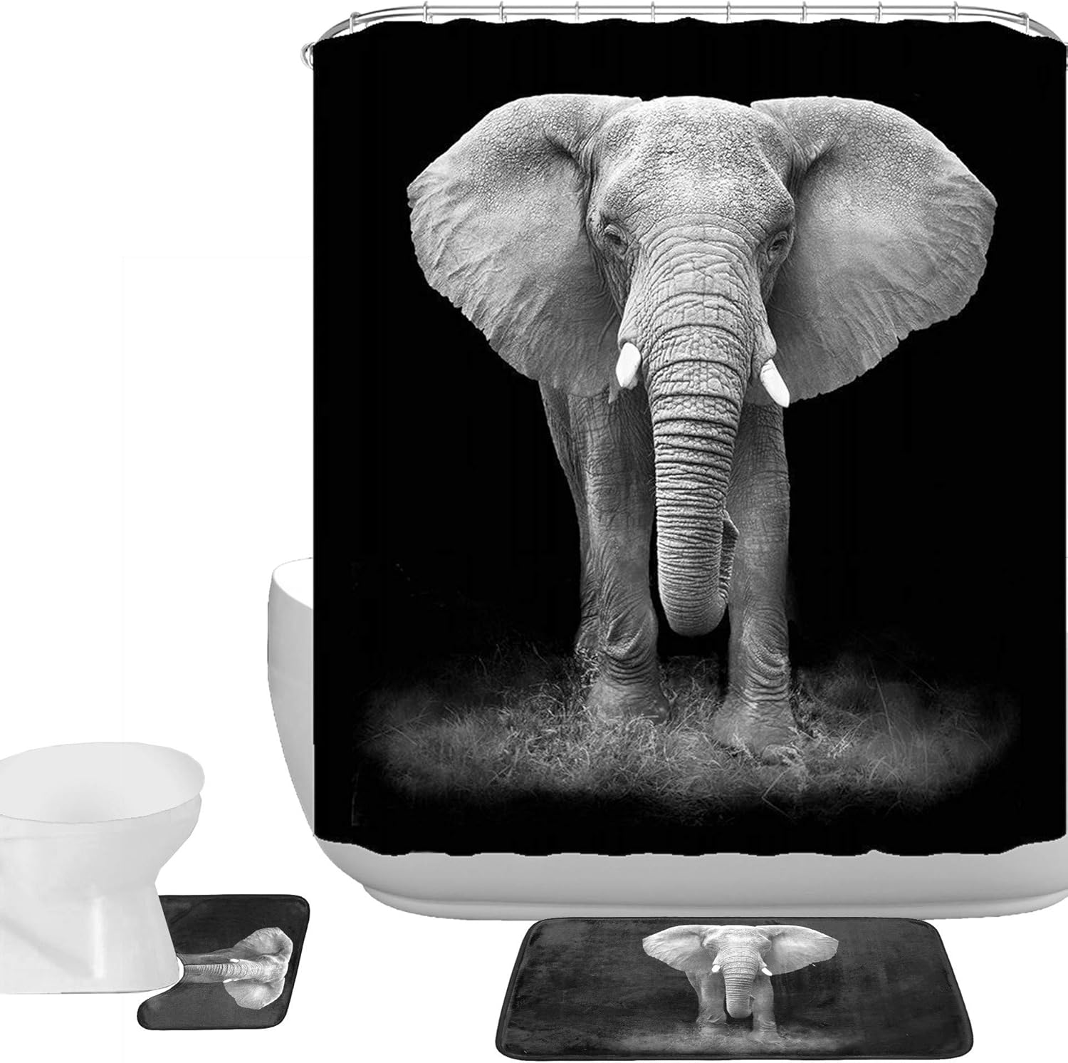 Elephant Art Black and White Photography 3 Piece Shower Curtain Set Bath Mat Set Non Slip Bathroom Mat Contour Rug Mat Shower Curtain with 12 Hooks