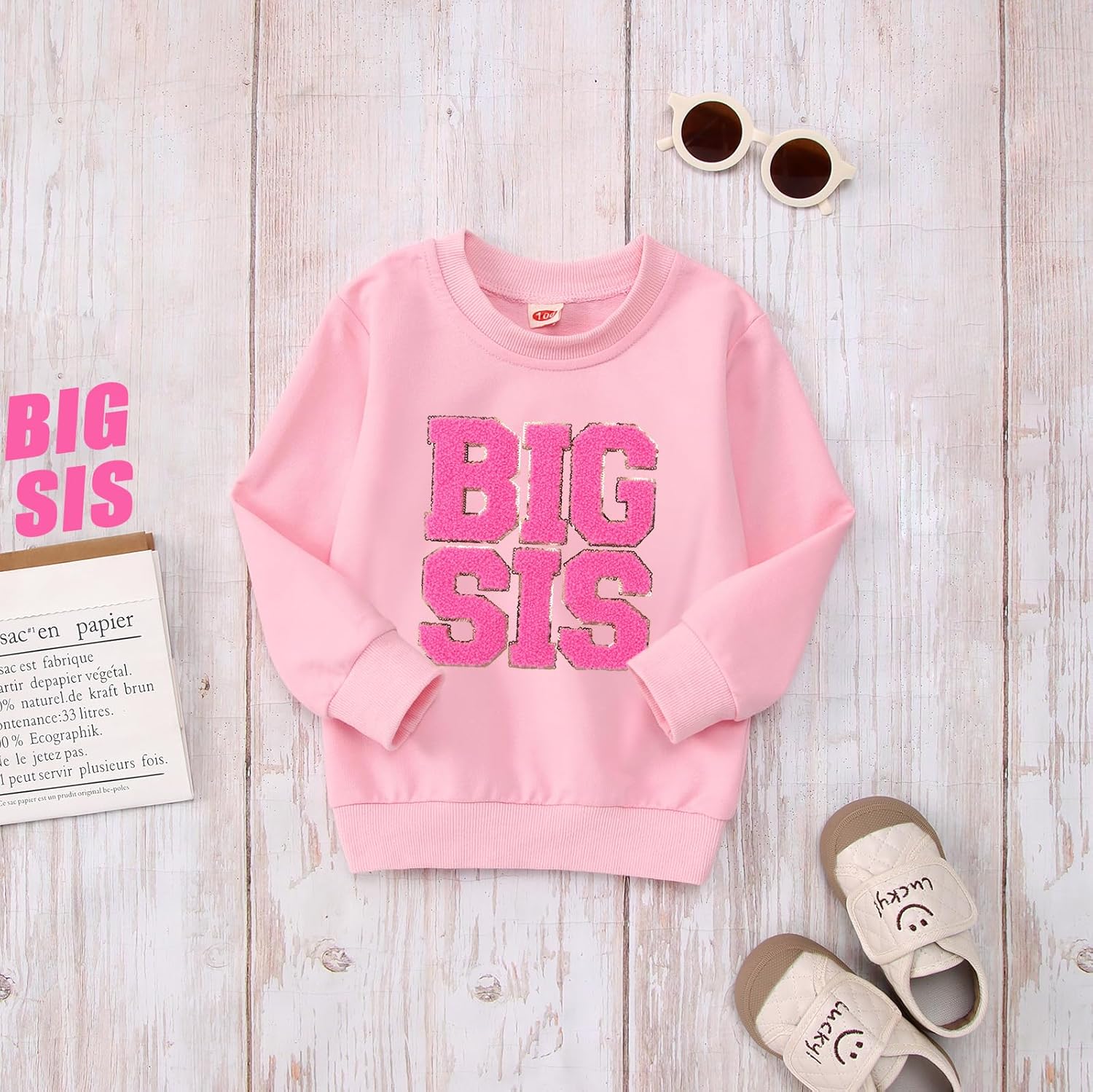 IZYJOY Big Sister Sweatshirts Toddler Baby Glitter BIG SIS Chenille Patch Letter Tops Little Girl Crewneck Pullover Outfit - Image 4
