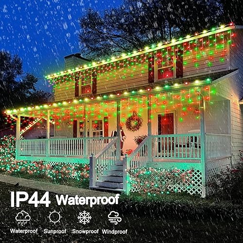 Miniatura 8 de Luces de Navidad rojas y verdes de 33 pies, 400 luces LED de carámbano para exteriores, cable transparente conectable, luz parpadeante con 8 modos