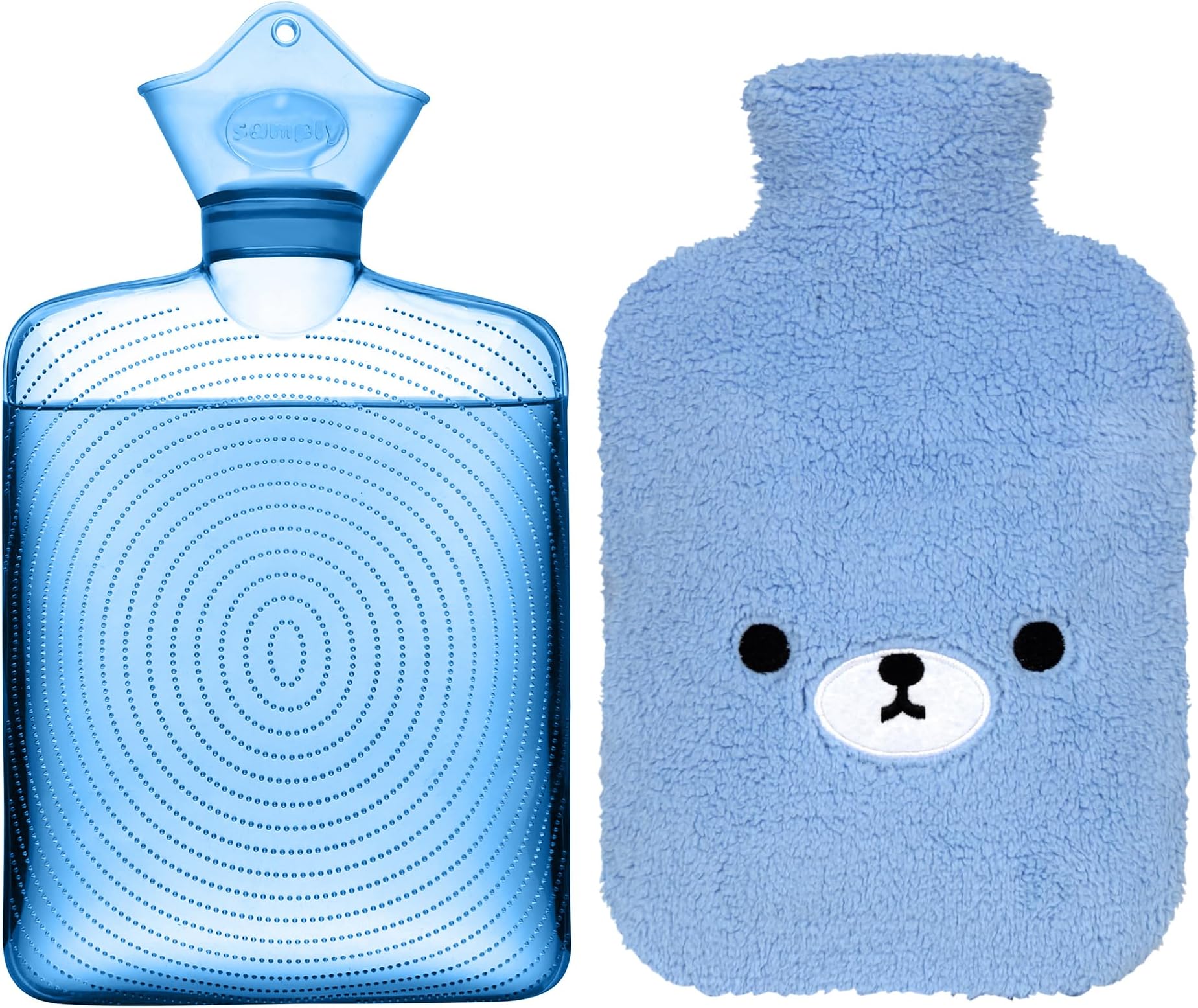 Samply Transparent Hot Water Bottle- 2 Liter Water Bag with Cute Fleece Cover, Bear Blue