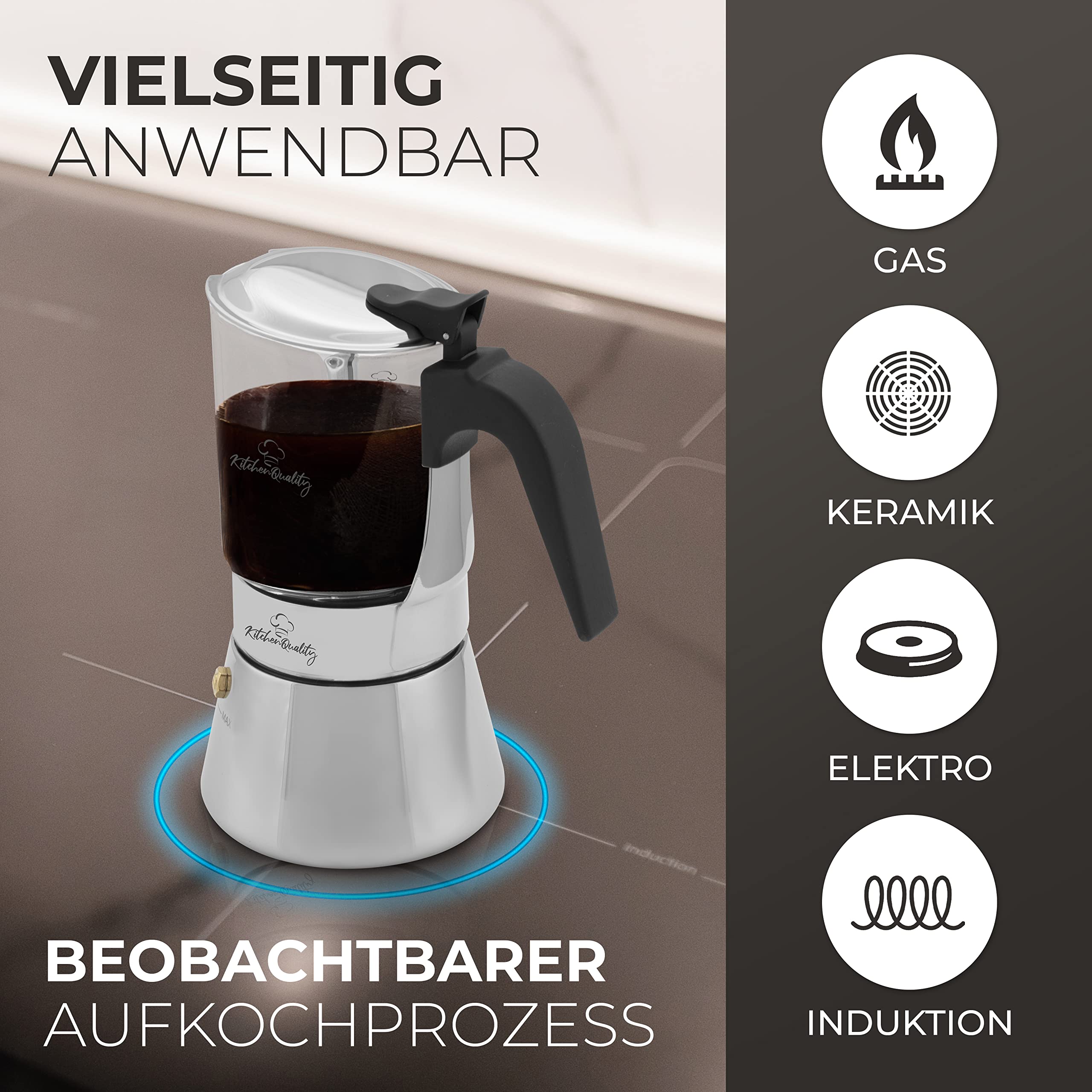 Zaparzacz do espresso – szkło + stal nierdzewna – 240 ml – na 4 filiżanki – 18,5 x 14 cm – do płyt ceramicznych, kuchenek gazowych, elektrycznych i indukcyjnych – z łyżeczką do porcjowania + 3 podstawki korkowe