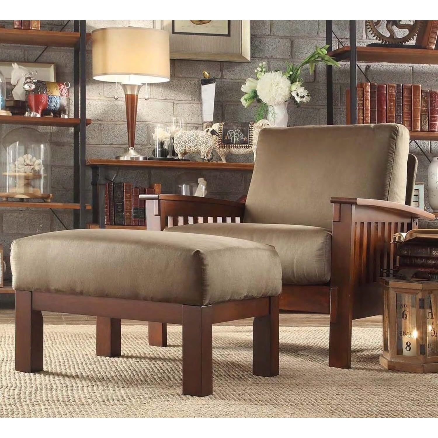 Inspire Q Hills Mission-Style Oak Chair and Ottoman by Classic Olive Green Oak Finish Oak,Microfiber Microfiber
