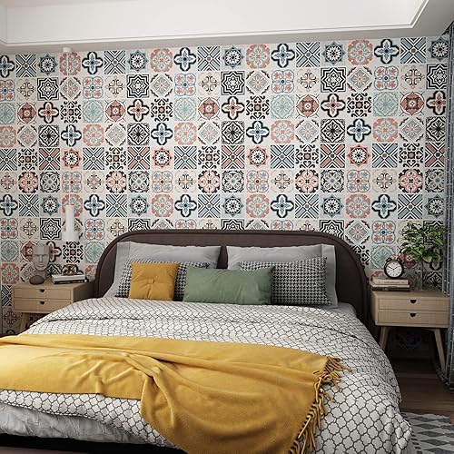 Miniatura 4 de JSEVEM Papel tapiz de 16 x 118 pulgadas de grosor con patrón bohemio para despegar y pegar, azul, rosa, negro, gris, mate, mexicano, marroquí, papel