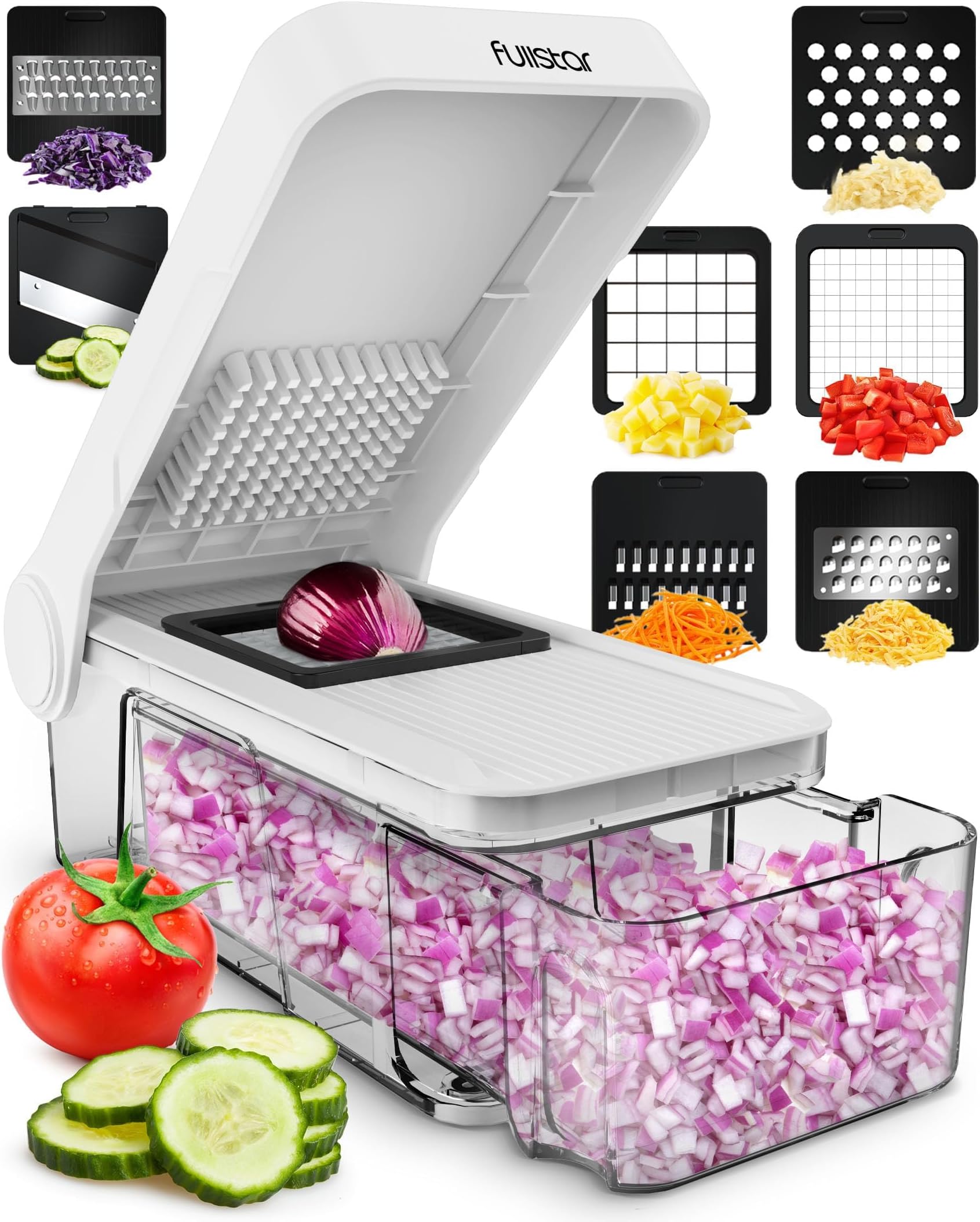 Vegetable Chopper Cutter Mandoline Slicer Cheese Grater - Food Onion Salad Veggie Chopper with Container - French Fry Potato Dicer Slicer Cutter - Kitchen Tools Gadgets (7-in-1 Compact White)