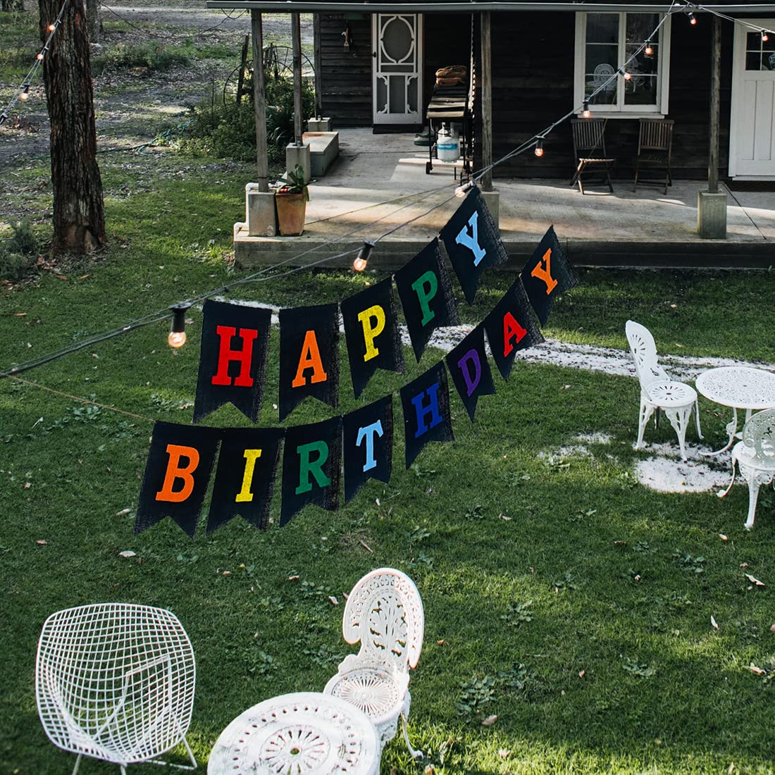 Black Burlap 'Happy Birthday' Banner - Pre-Strung Rustic Party Bunting Garland With Colorful Letters - View #8