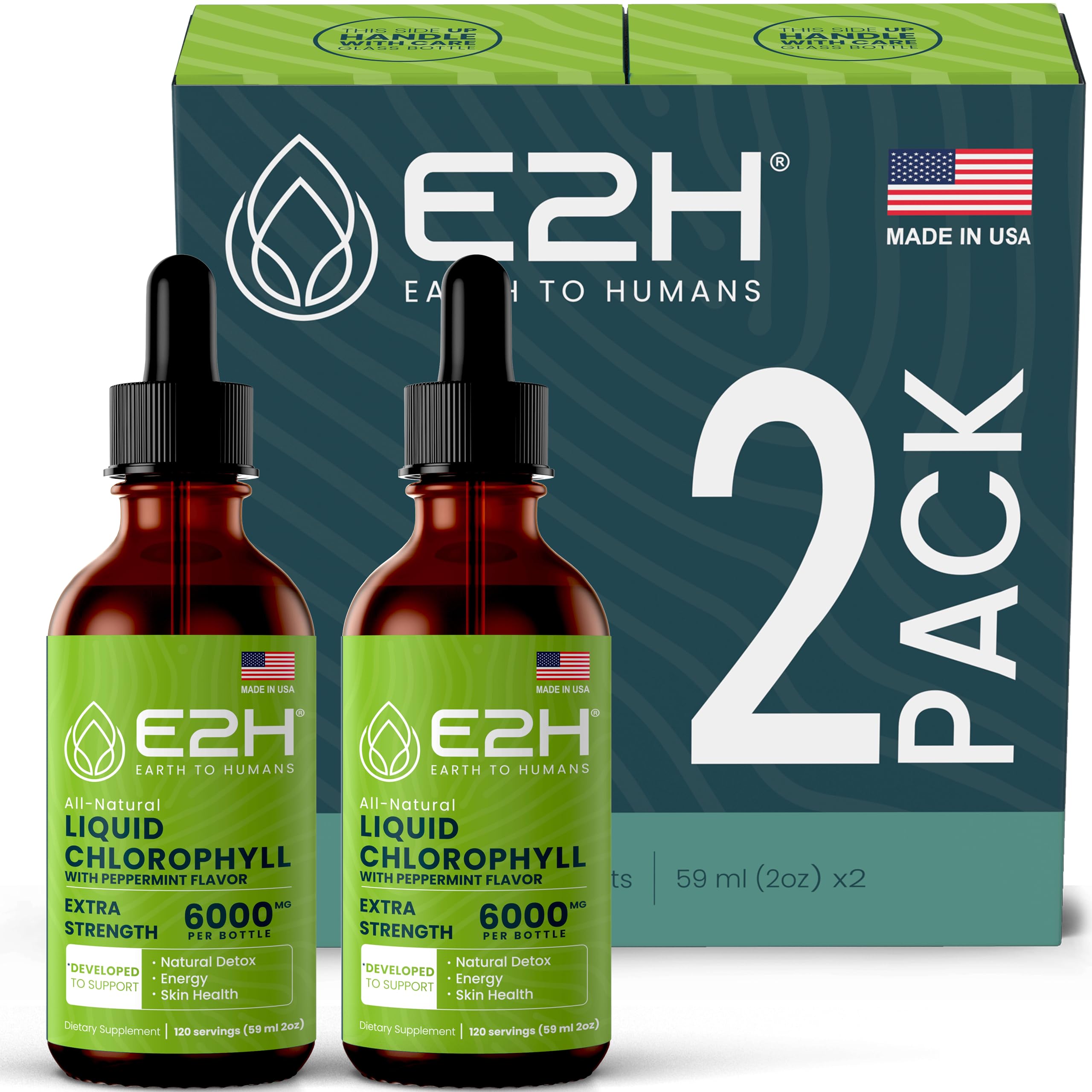 E2H EARTH TO HUMANS Chlorophyll Liquid Drops - Natural Energy Booster, Immune System Support and Internal Deodorant - Peppermint Flavor - (2 Bottles)