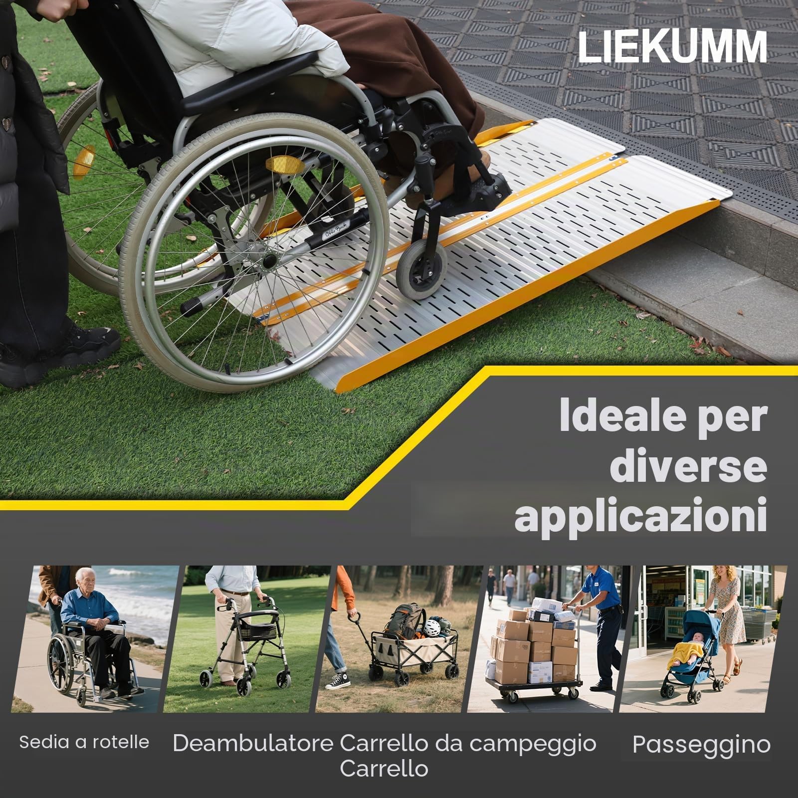 LIEKUMM - Rampa pieghevole per sedia a rotelle, per gradini, scale e porte, per diversamente abili, portata fino a 300 kg, 61 cm × 73 cm