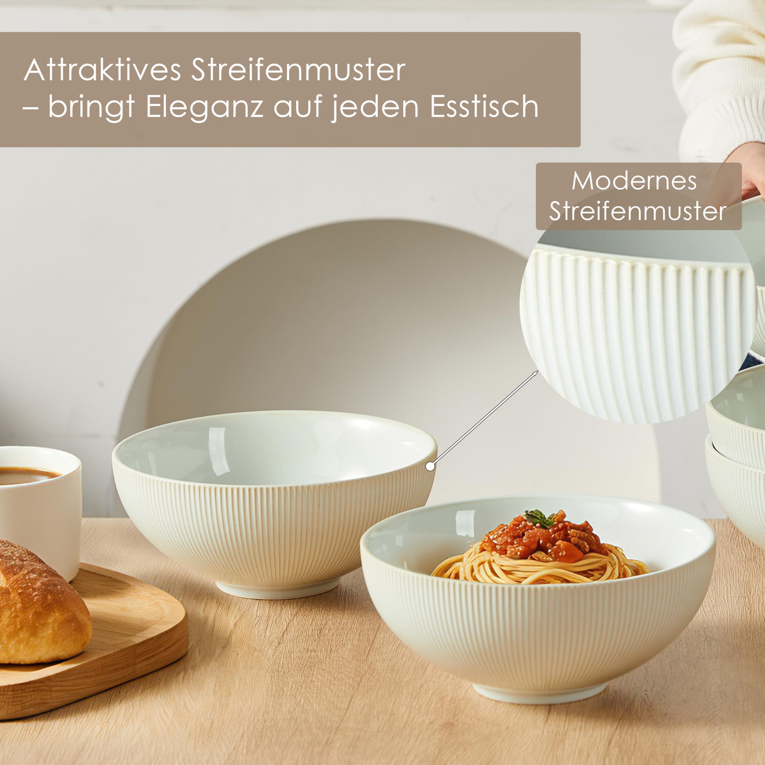 Jiwoo 6er Pasta- & Suppenschalen 1500 ml aus Bone China – stapelbar | Große Schalen für Ramen, Nudeln, Salat und Müsli, tiefes Design, platzsparend, mikrowellen- & spülmaschinengeeignet