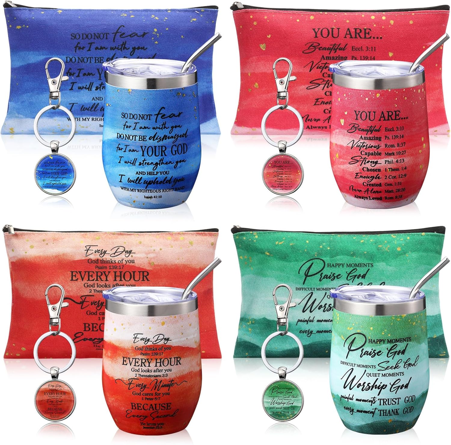 Pickmesh 4 Set Christian Gift for Mom with 12 oz Bible Verse Tumbler Cup Religious Makeup Bag and Keychain Gift for Women Men Graduation Pastor Coworker Employee Church(Light,Flower)