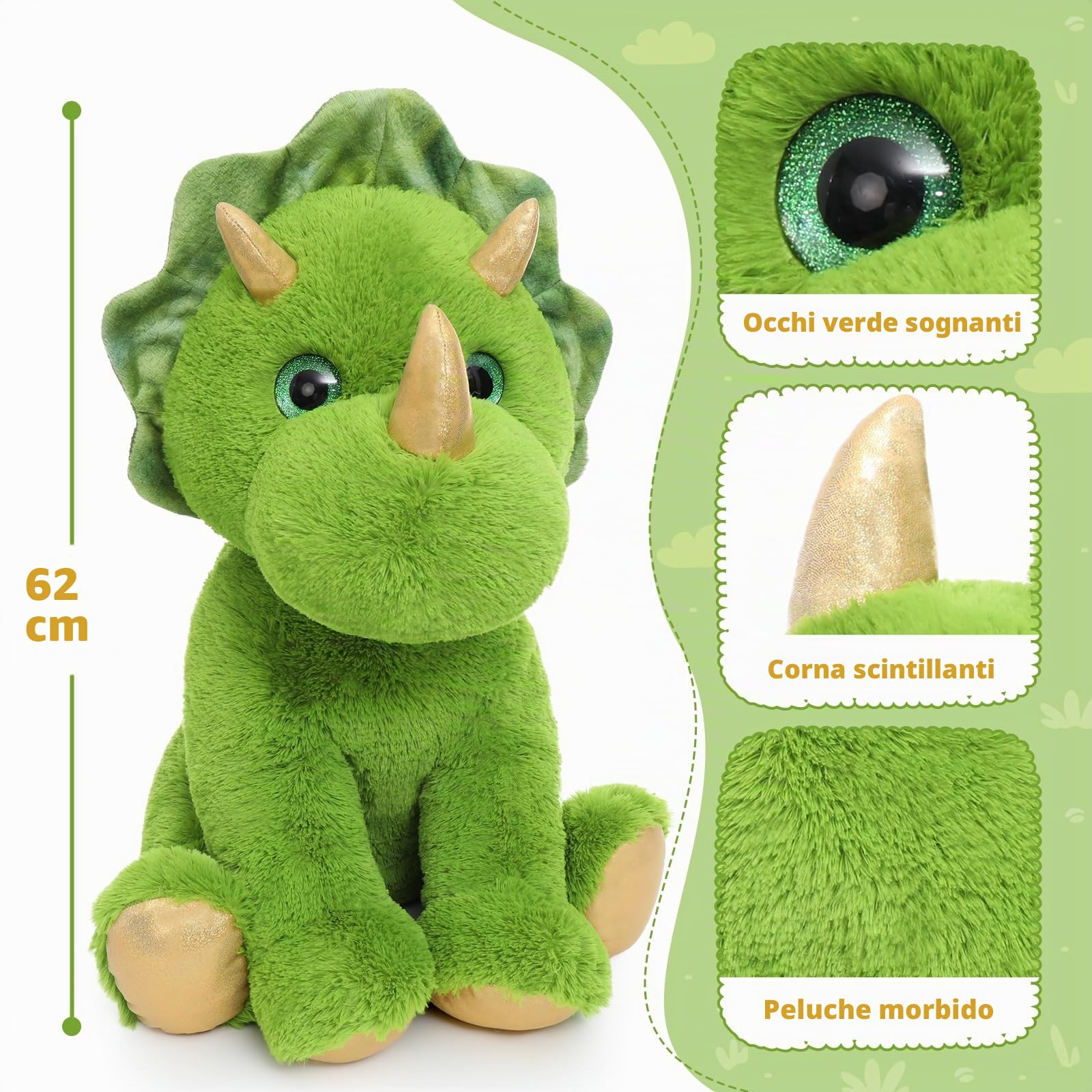 MorisMos Dinosauro Peluche Grande Verde, 62 cm XXL Triceratopo Giocattolo di Peluche Grande Kawaii Morbido, Idee Regalo Natale per Bambini Ragazze Ragazzi Compleanno Decorazioni