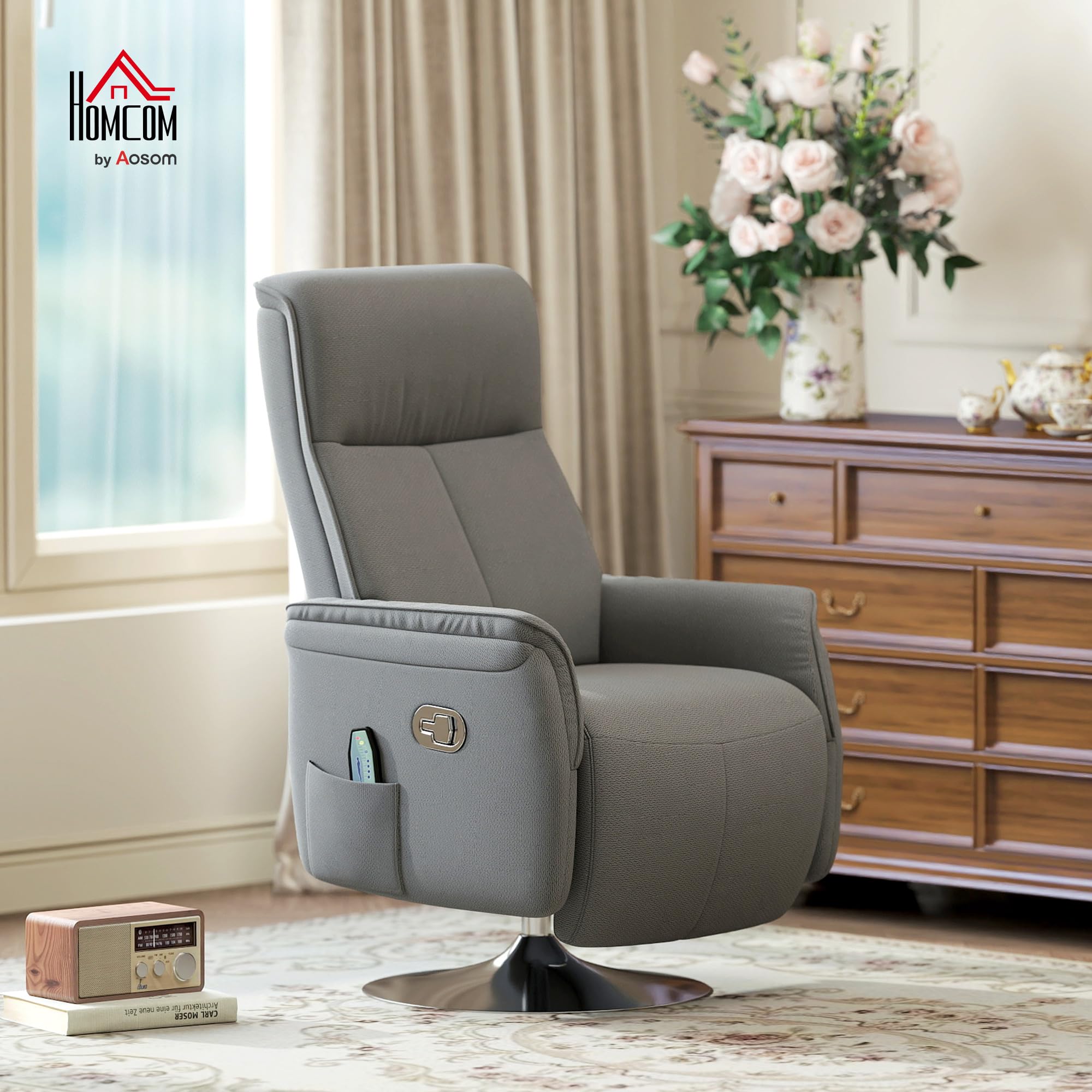 HOMCOM Fauteuil Relax massant, Fauteuil de Relaxation inclinable pivotant à 360°, Dossier et Repose-Pieds réglable, télécommande, Poche latérale, Tissu Aspect Lin, Chaise TV pour Salon Chambre, Gris