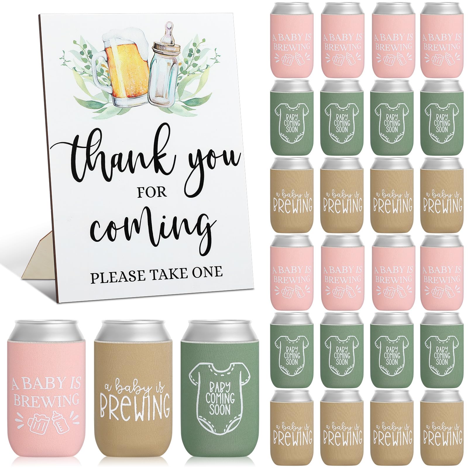 SiliFine 37 Pcs A Baby is Brewing Baby Shower Party Favors Brewing Beer Can Coolers Sleeves Gender Reveal Decor with Wooden Sign for Gender Reveal