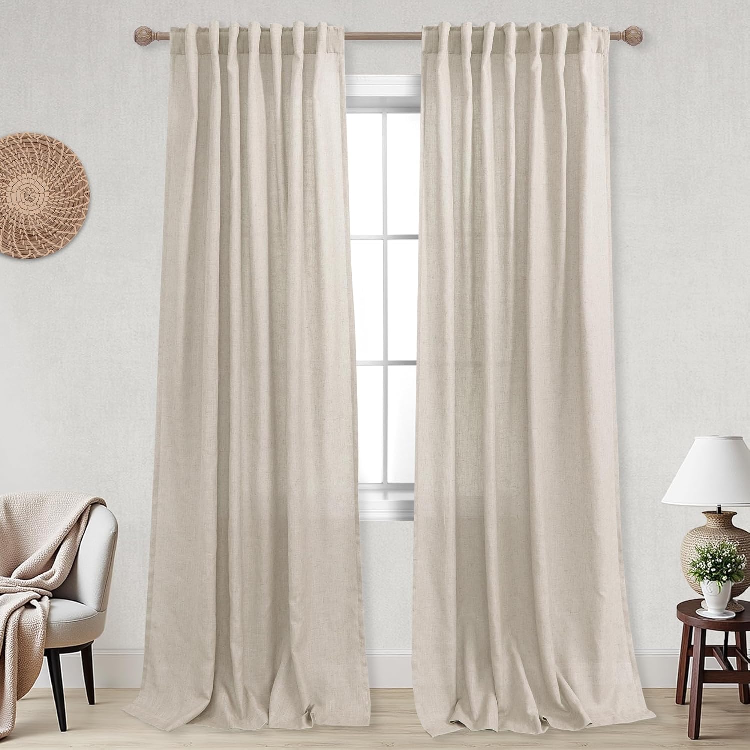 KOUFALL Back Tab Rod Pocket Linen Sheer Curtains for Living Room-Linen-52x92 52"W x 92"L (Pack of 2) Beige?flax?