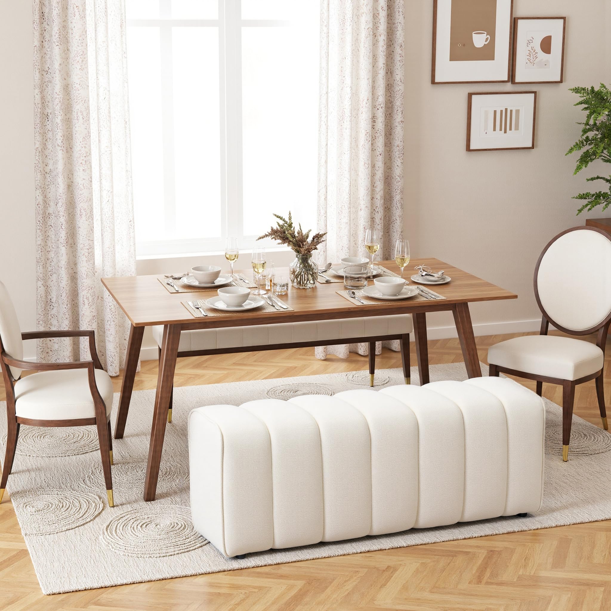 HOMCOM Banc Bout de lit, Banquette rembourrée, Style Moderne, 110 x 40 x 44 cm, Ottoman en Tissu Aspect Lin, Charge jusqu'à 220 kg, Repose-Pieds pour Chambre, Couloir, Salon, crème