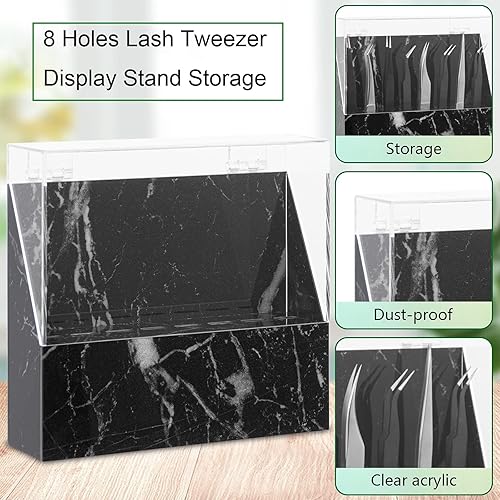 Miniatura 2 de LXIANGN Estuche de pinzas de pestañas a prueba de polvo con 8 agujeros, soporte de pinzas de mármol acrílico, organizador de exhibición con cubierta