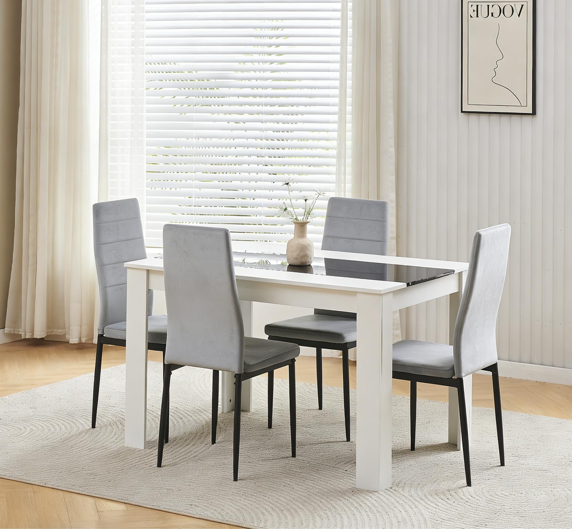 Menaka Wood Dining Table and Chairs Set of 4, Small Rectangular Kitchen Dinner Table with 4 Seaters (line grey velvet chairs, 120m line table, 4 seaters)