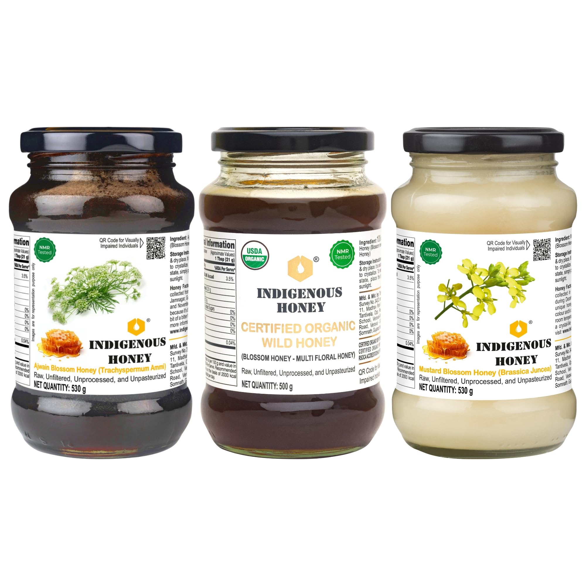 INDIGENOUS HONEY Nmr tested Raw Ajwain Unprocessed Natural Pure Honey with Certified Organic wild honey and Nmr tested Raw Crystallized Honey trio pack