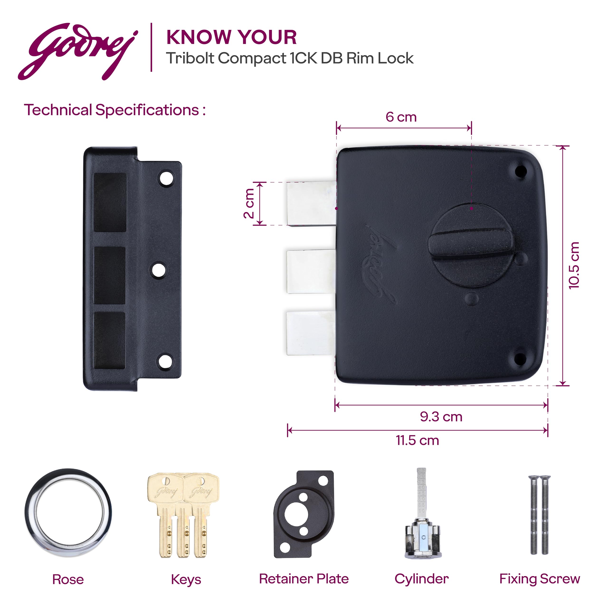 Godrej Tribolt Compact 1CK DB | Triple Bolt Lock for Main Doors | 21mm Deadbolt | 60mm Backset | 3 Reversible Keys | 3-Bolt Locking | Textured Black Finish | 5 Year Warranty — Amazon image 5