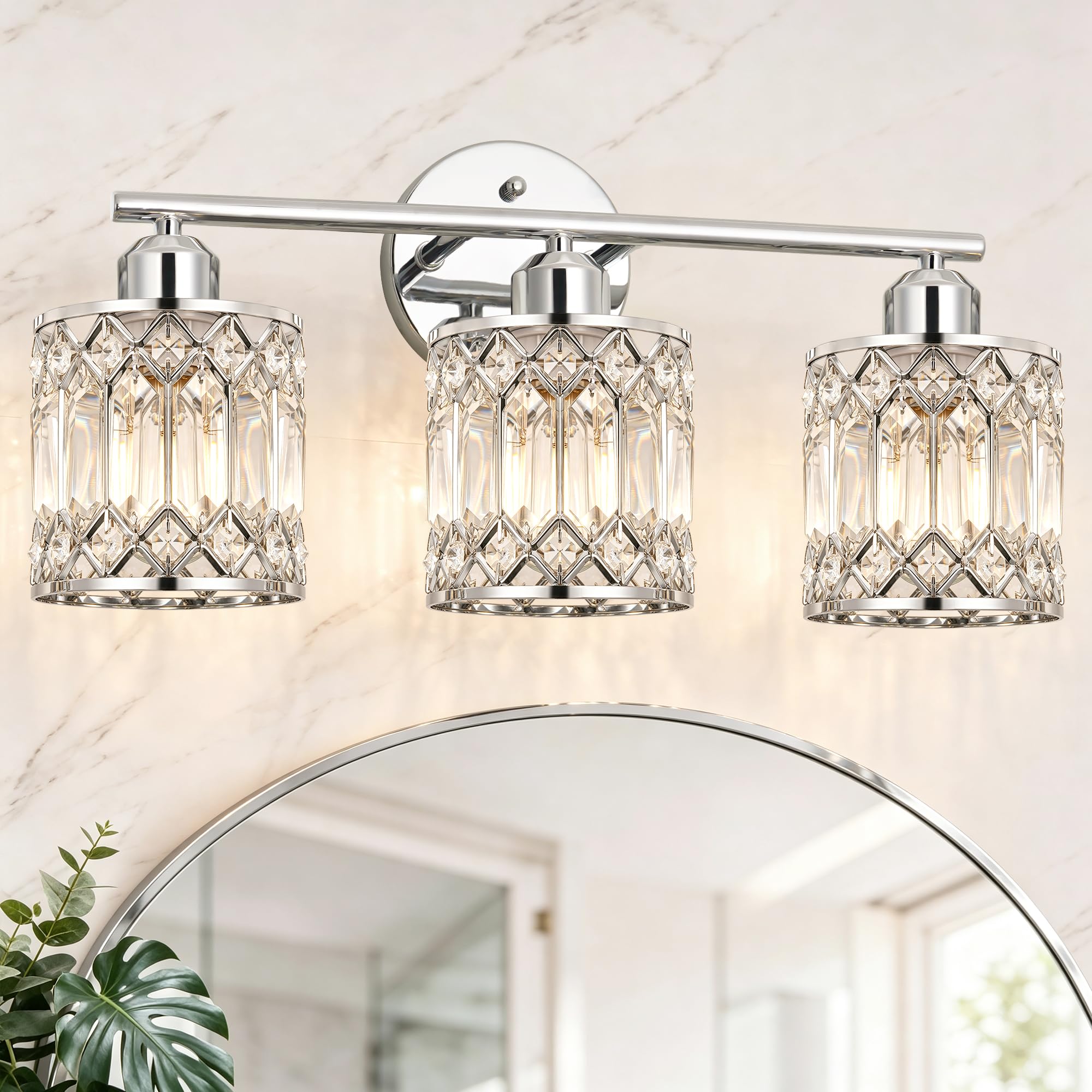 Photo 1 of Lxybcce 19 Inch Bathroom Vanity Light with Clear Crystal Shades, 3-Light Chrome Modern Fixture Over Mirror, Easy Installation & Dimmable Lighting, Shadow-Free Illumination for Bathroom Mirror Decor