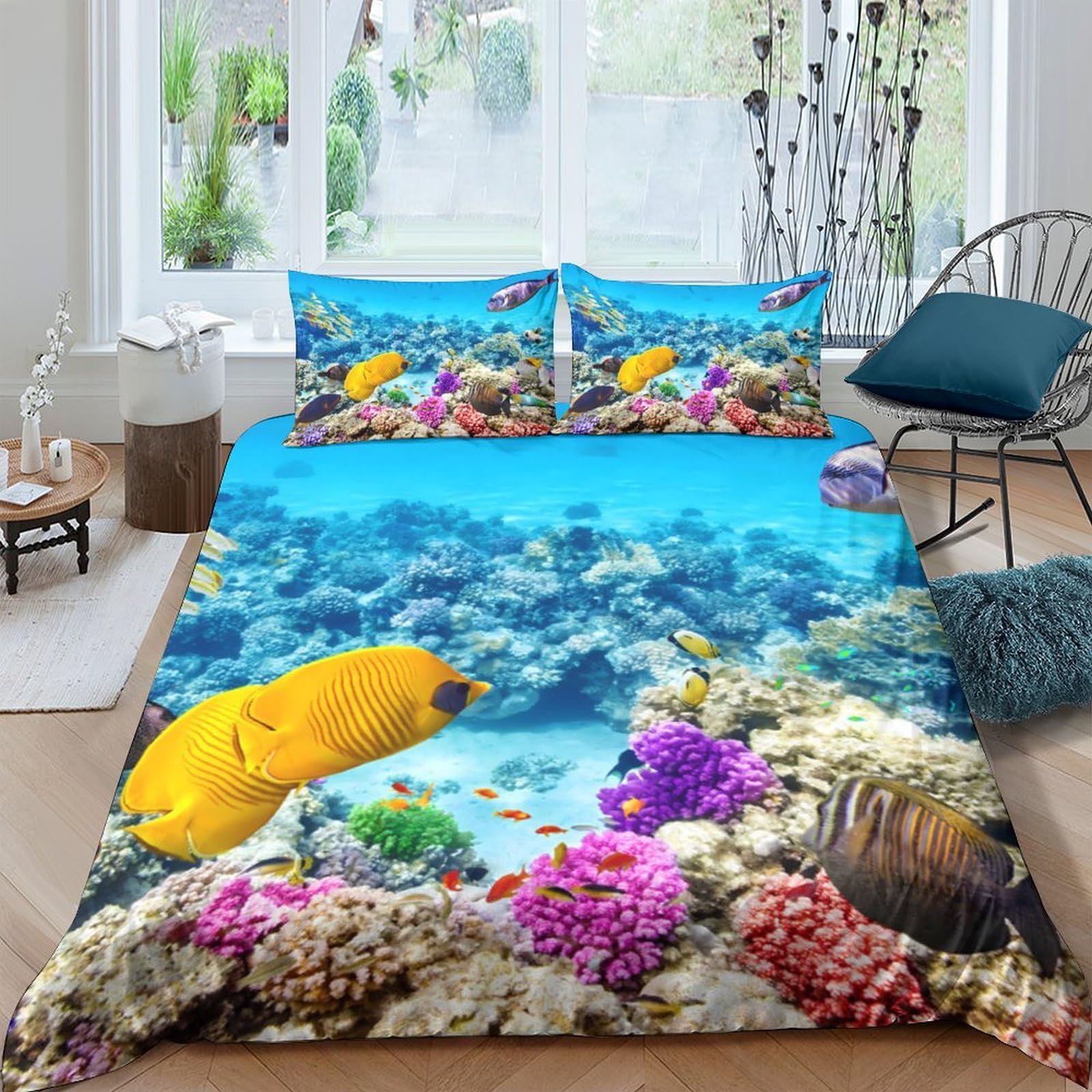 Ctjqhvkz Style-6 3D Printed Ocean Coral Reef Fitted Sheet Microfiber Soft Blue Yellow Fish Bed Cover For Bedroom Guest Room Mattress Protection Single（135X200cm）